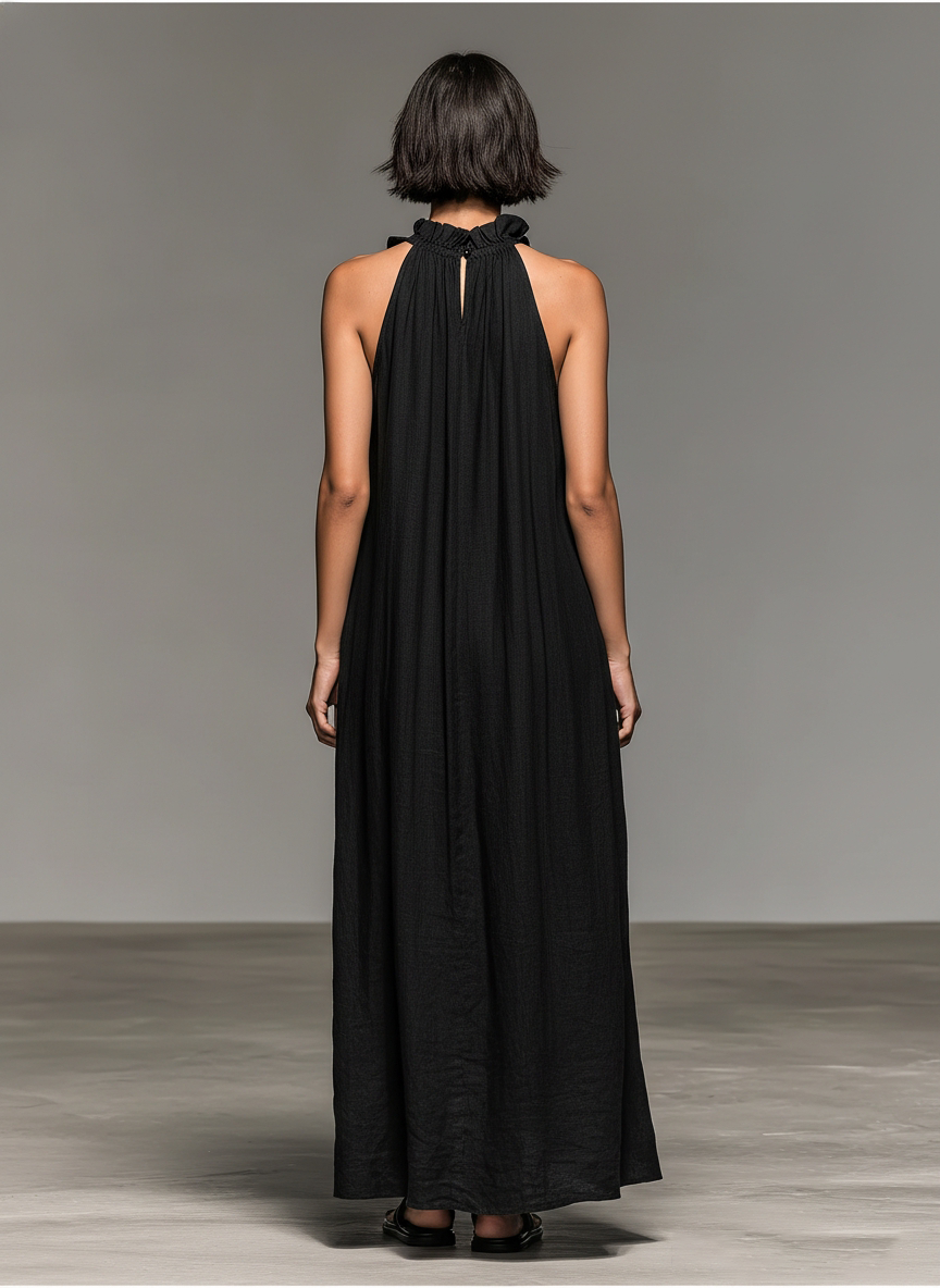 Women's Minimalist Linen-blend Sleeveless Maxi Dress With Ruffle Black | FormaLuxe