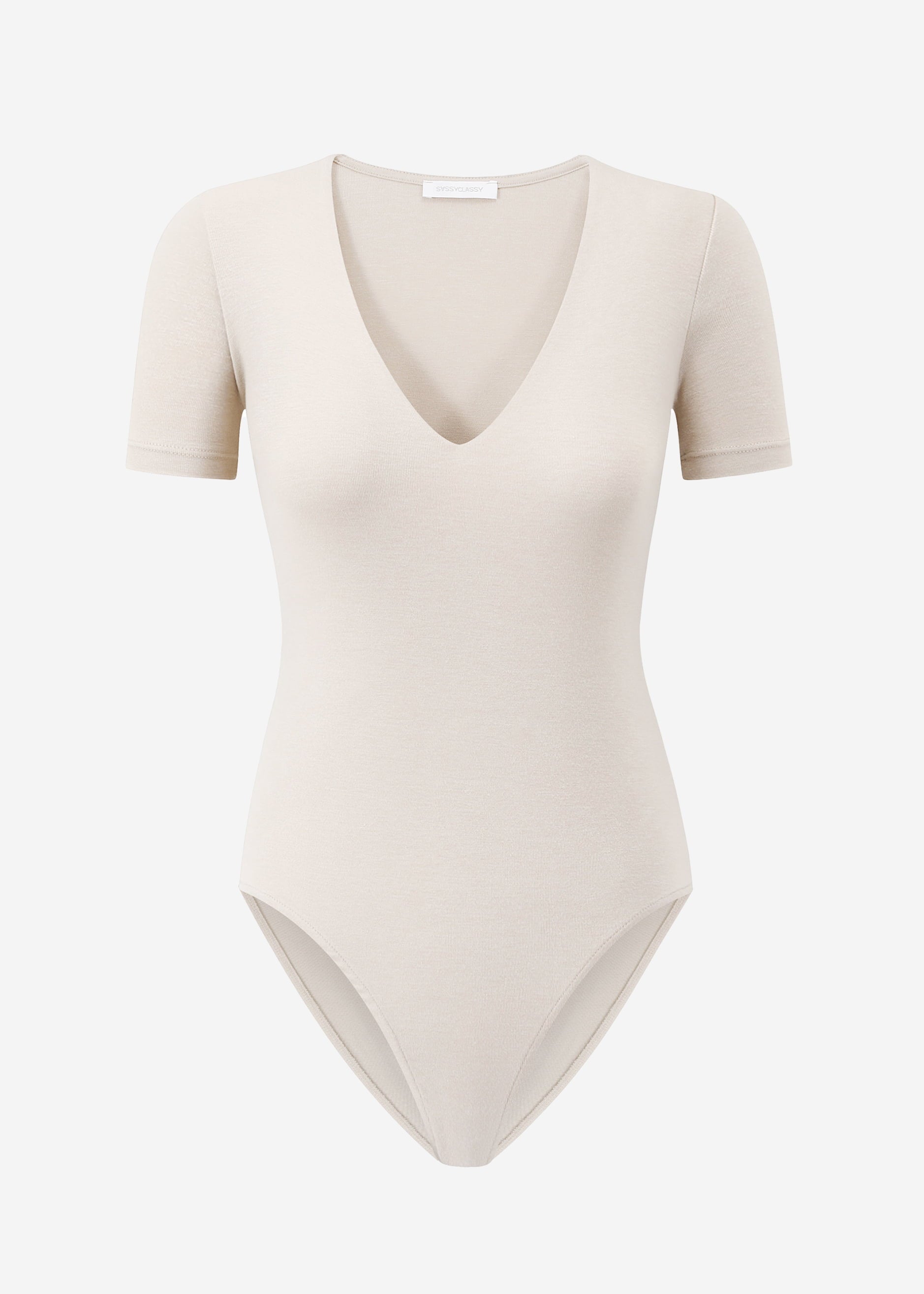Kurzarm Body mit V-Ausschnitt - hellbeige – Bekleidung > Bodies | FormaLuxe