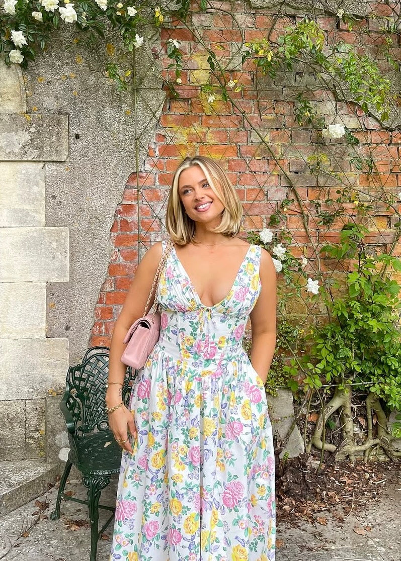 Aurora | Elegantes Sommerkleid Gelb mit Blumenmuster | FormaLuxe