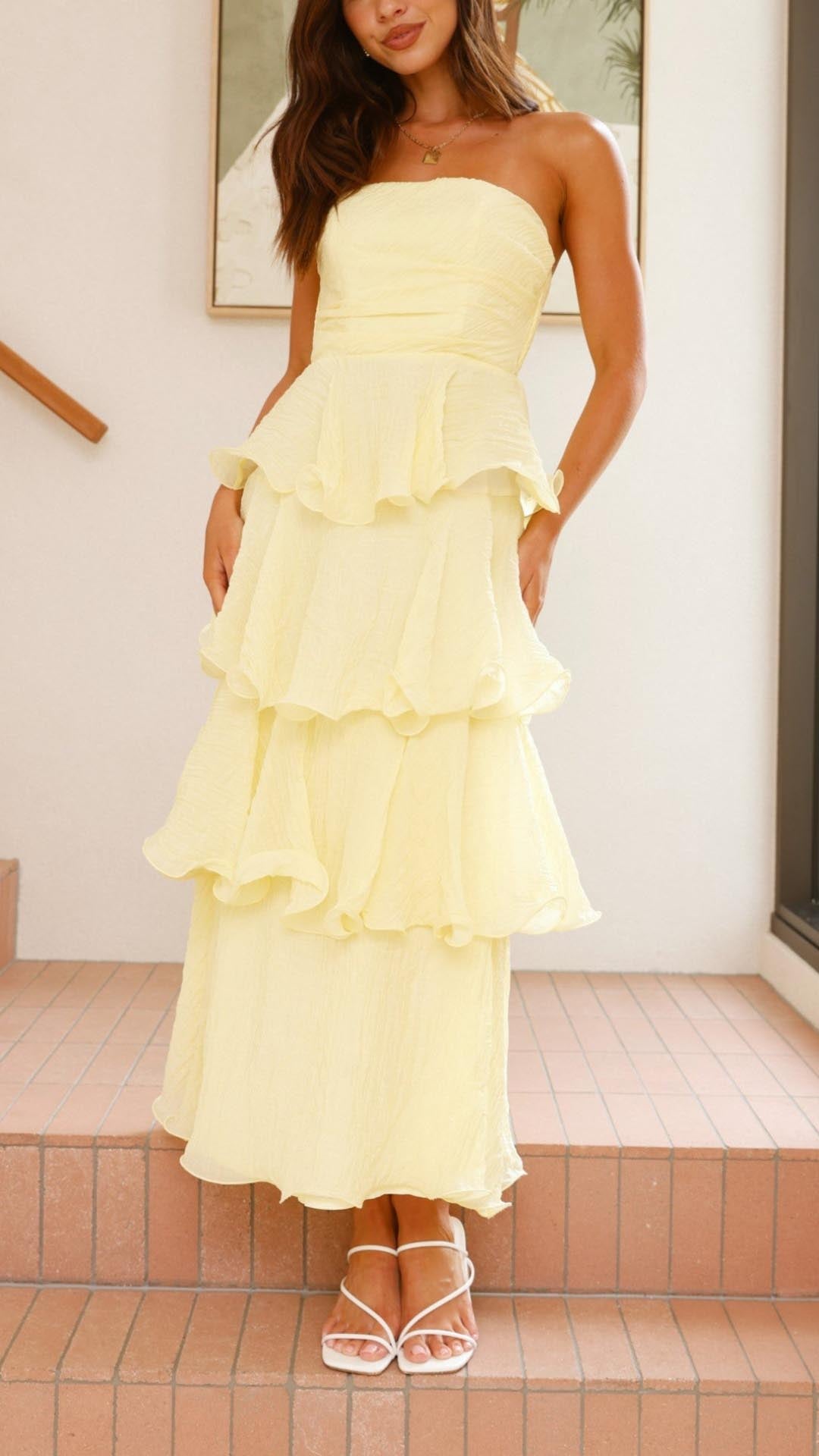 Kate | Maxikleid mit gestuften Rüschen Gelb | FormaLuxe