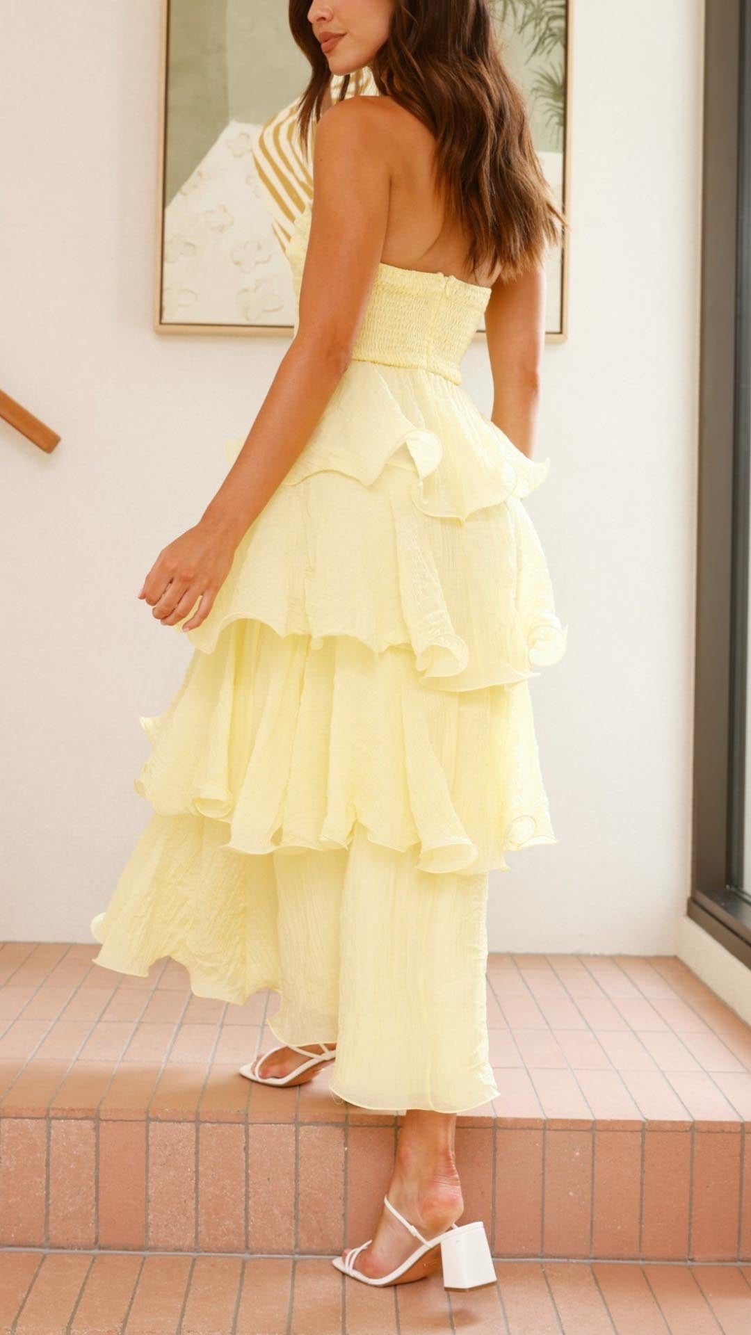 Kate | Maxikleid mit gestuften Rüschen Gelb | FormaLuxe