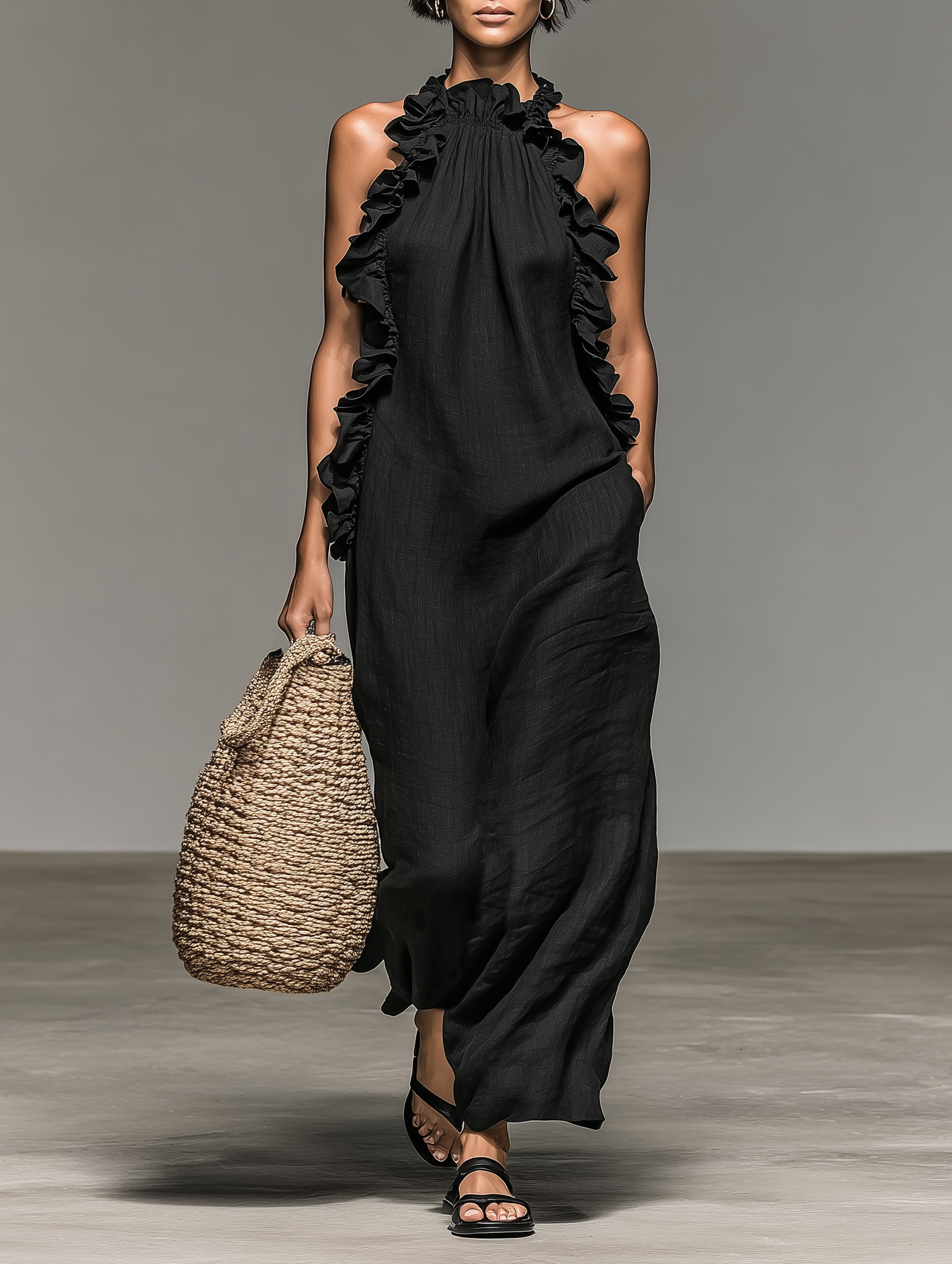 Women's Minimalist Linen-blend Sleeveless Maxi Dress With Ruffle Black | FormaLuxe