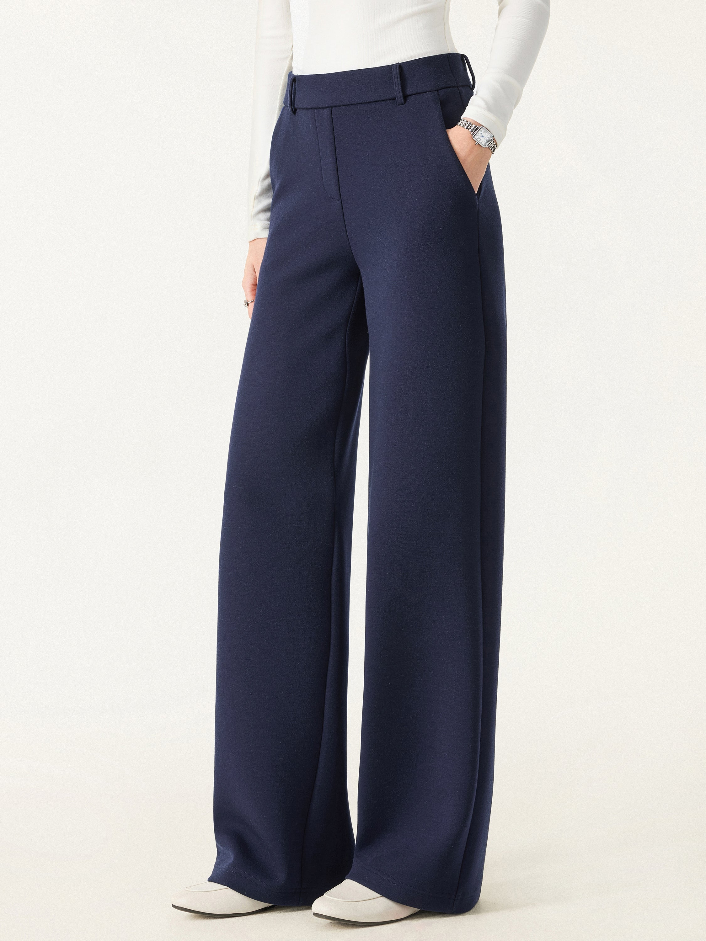 Stretchy Mid Rise Straight Leg Pull-on Pants with Pockets Universe Navy – Women > Bottoms > Pants | FormaLuxe