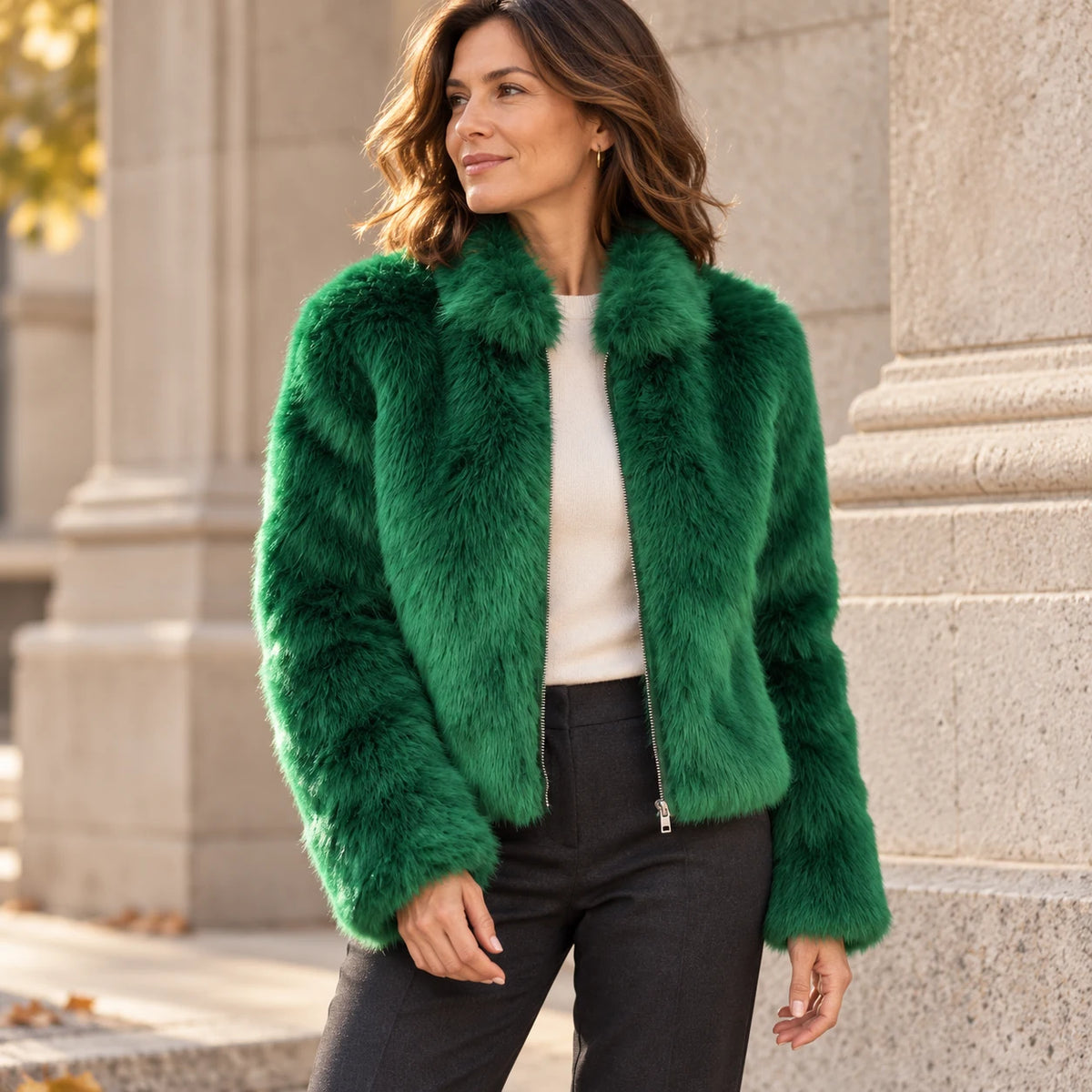 Teddyjacke Damen Alva in Grün – redaktioneller Look vor einer hellen Steinfassade