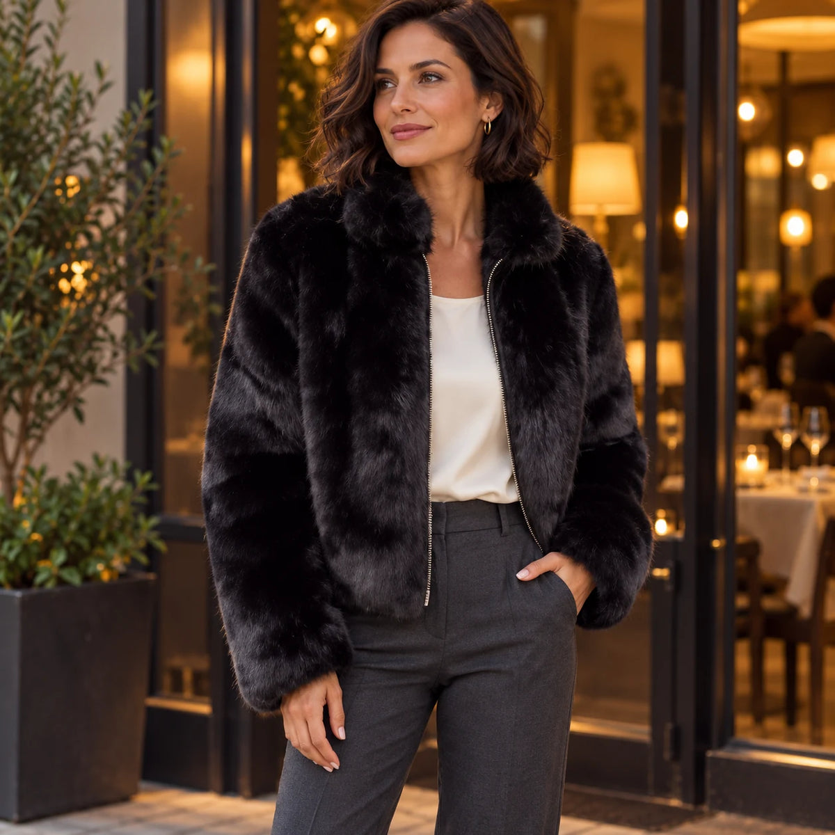 Teddyjacke Damen Alva in Schwarz – redaktioneller Abendlook mit heller Bluse und Stoffhose