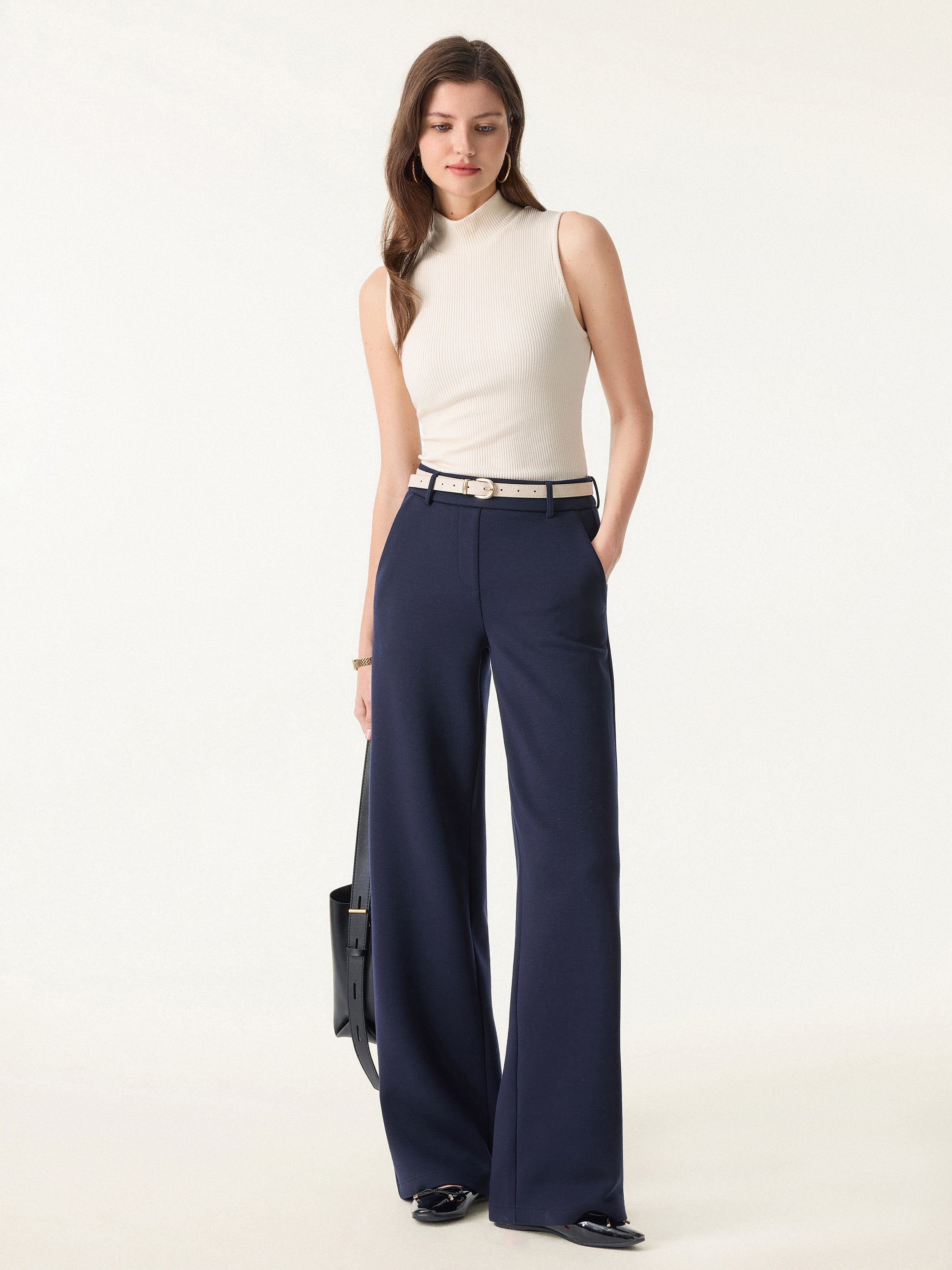 Stretchy Mid Rise Straight Leg Pull-on Pants with Pockets Universe Navy – Women > Bottoms > Pants | FormaLuxe