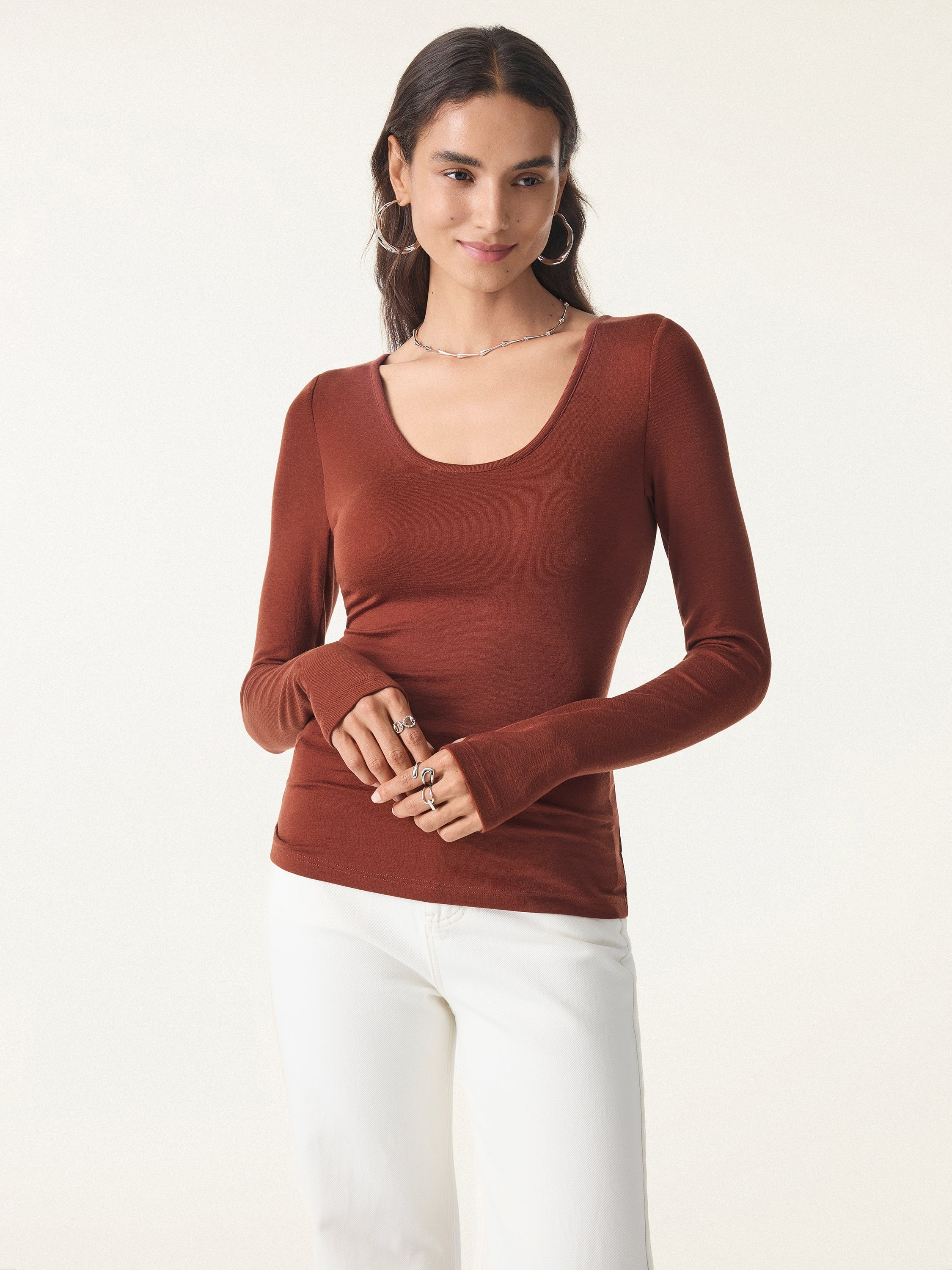 Lyocell Cashmere Scoop Neck Thumbhole Brami Rust Orange – Women > Tops > Bra Tops | FormaLuxe
