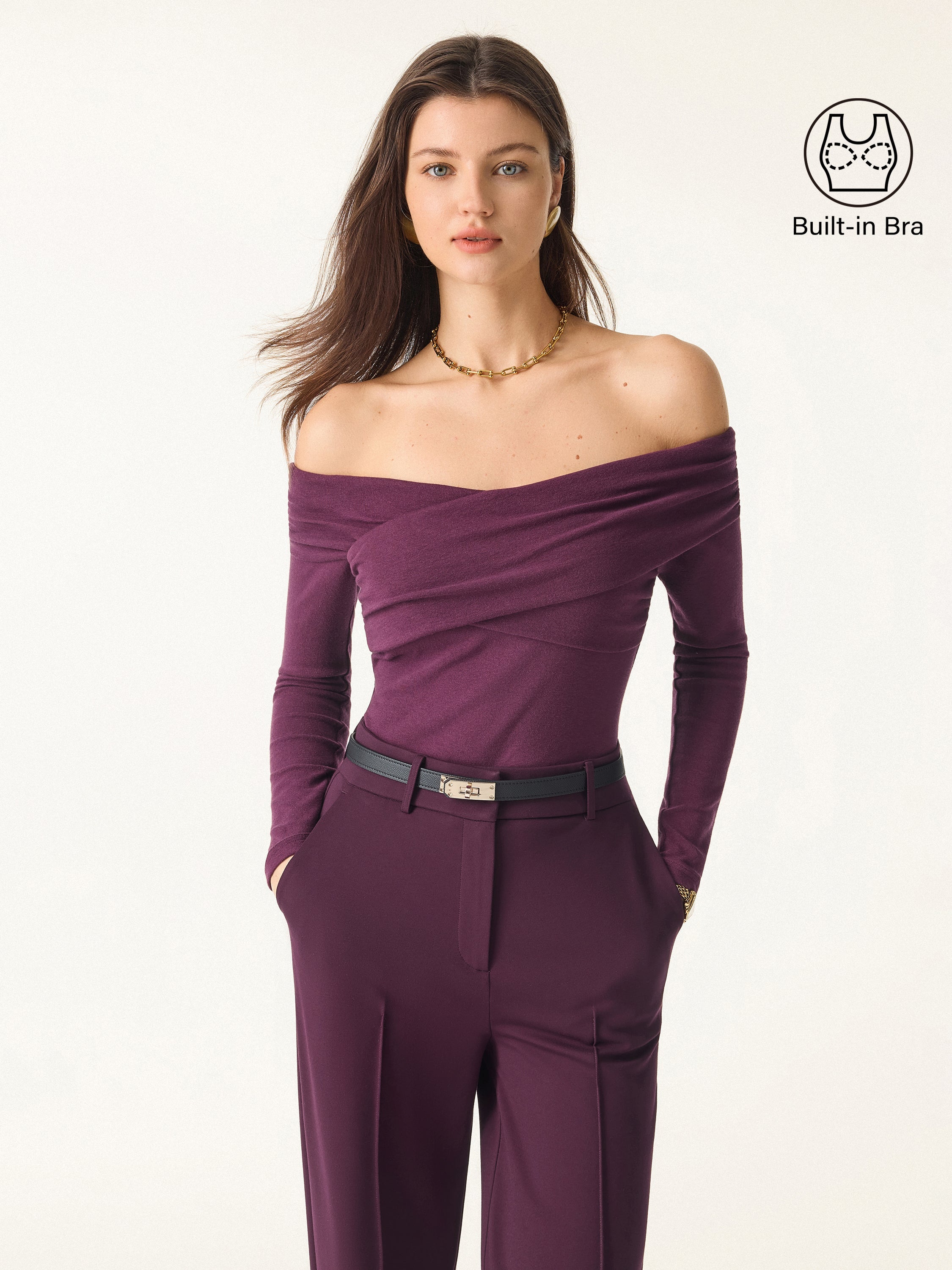 Light Warm Criss Cross Off-Shoulder Brami Top Plum Berry – Women > Tops > Bra Tops | FormaLuxe
