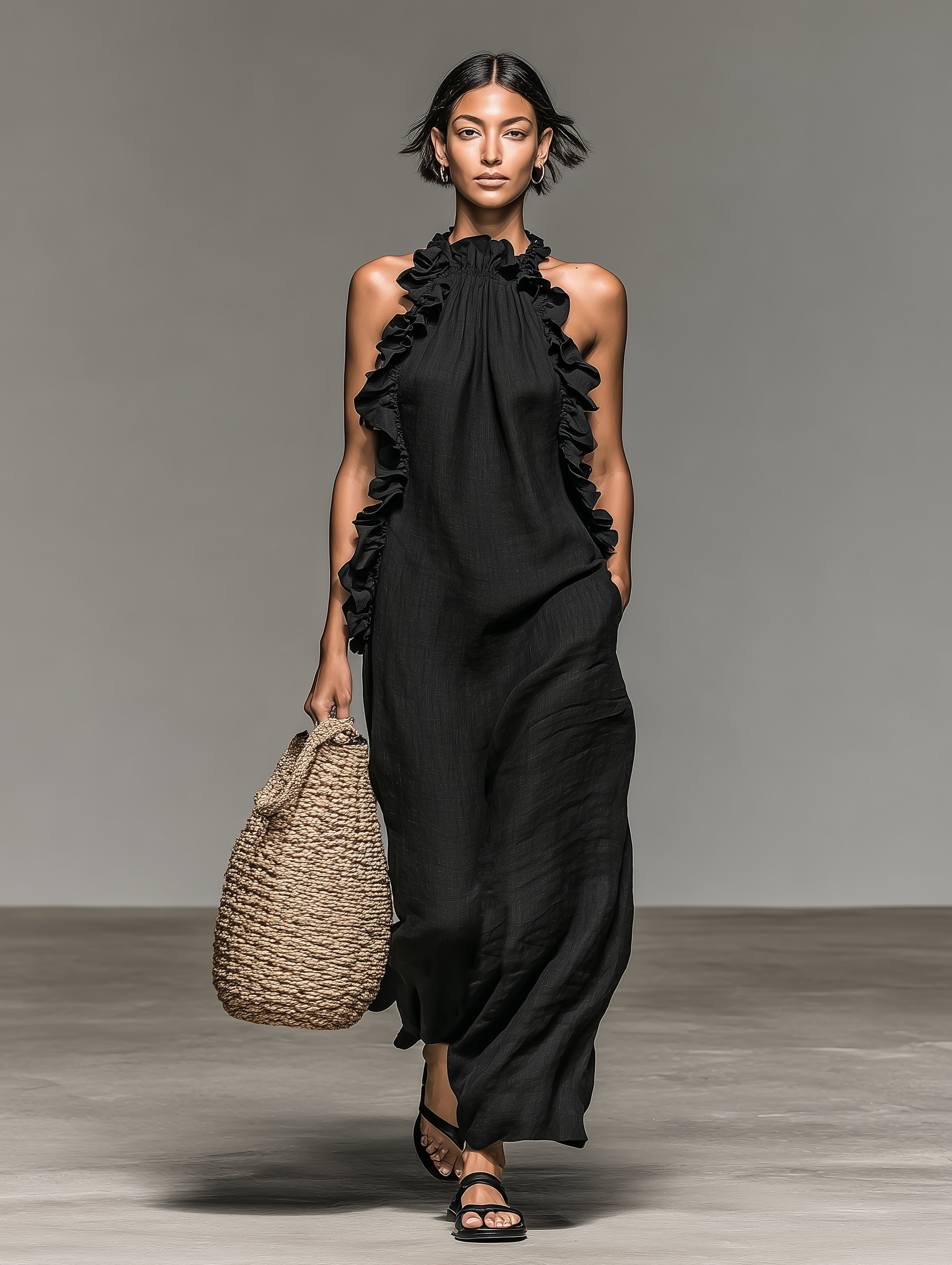 Women's Minimalist Linen-blend Sleeveless Maxi Dress With Ruffle Black | FormaLuxe