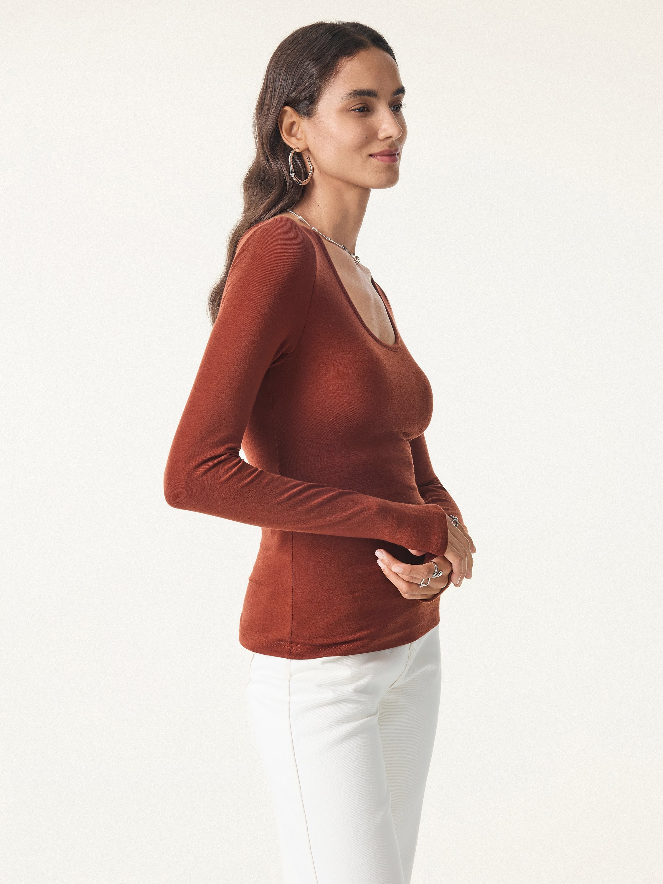 Lyocell Cashmere Scoop Neck Thumbhole Brami Rust Orange – Women > Tops > Bra Tops | FormaLuxe