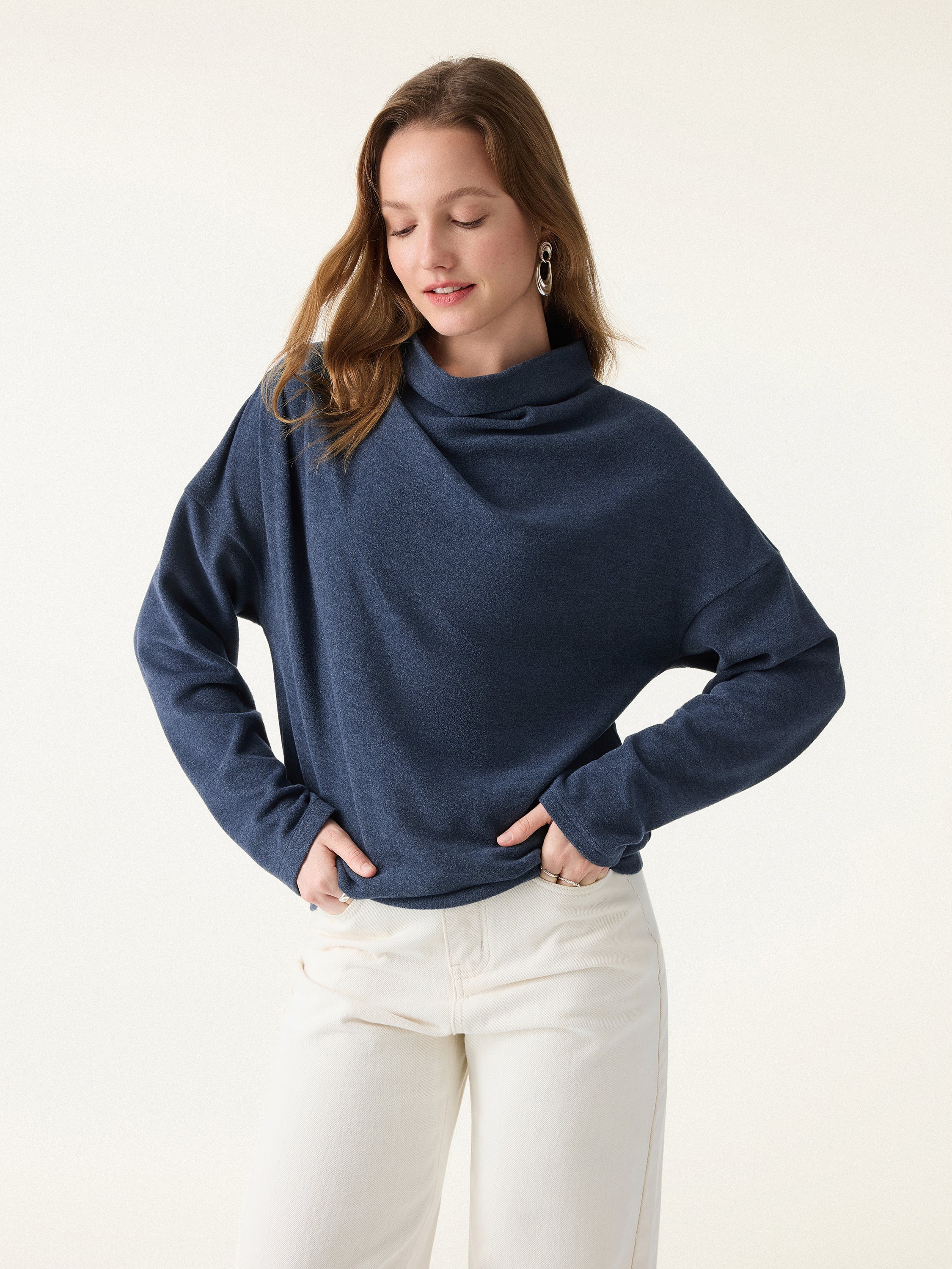 Cozy Relaxed Mockneck Top with Banded Hem Heather Indigo – Women > Tops > Shirts&Tops | FormaLuxe
