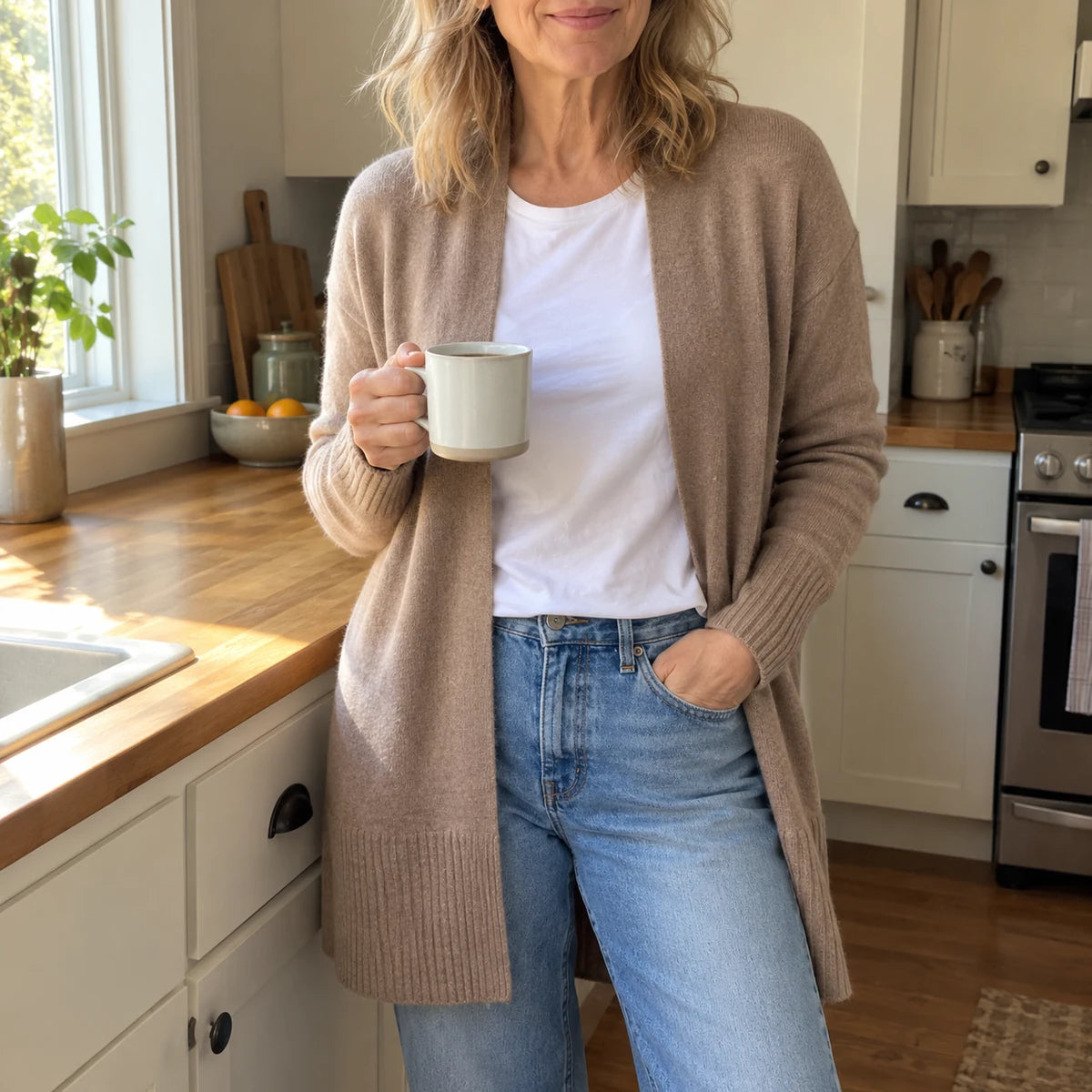 Cardigan in Driftwood mit weißem Shirt und Jeans – Styling am Morgen
