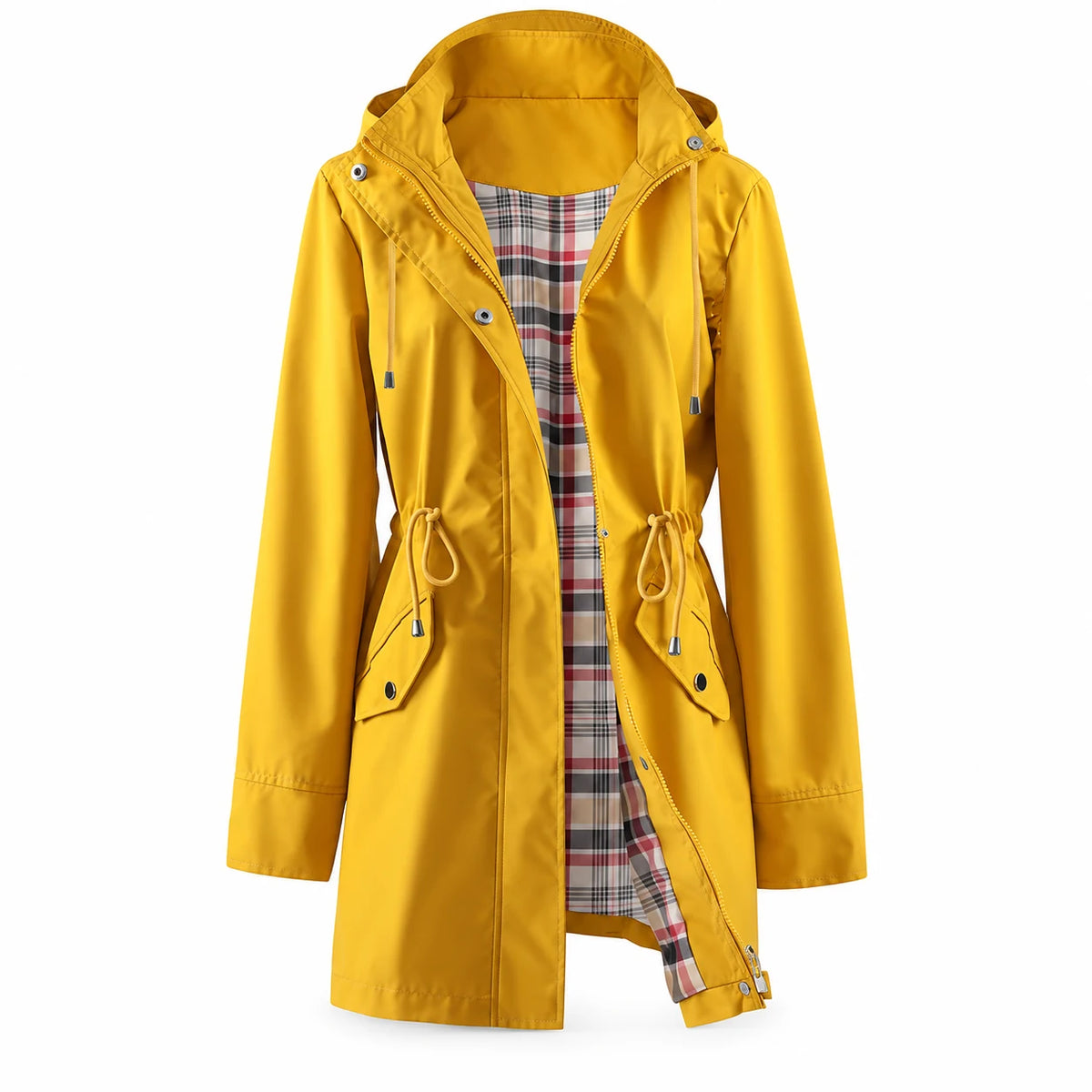 Regenjacke Damen Liv in Gelb – Vorderansicht mit Kapuze und Karofutter | FormaLuxe