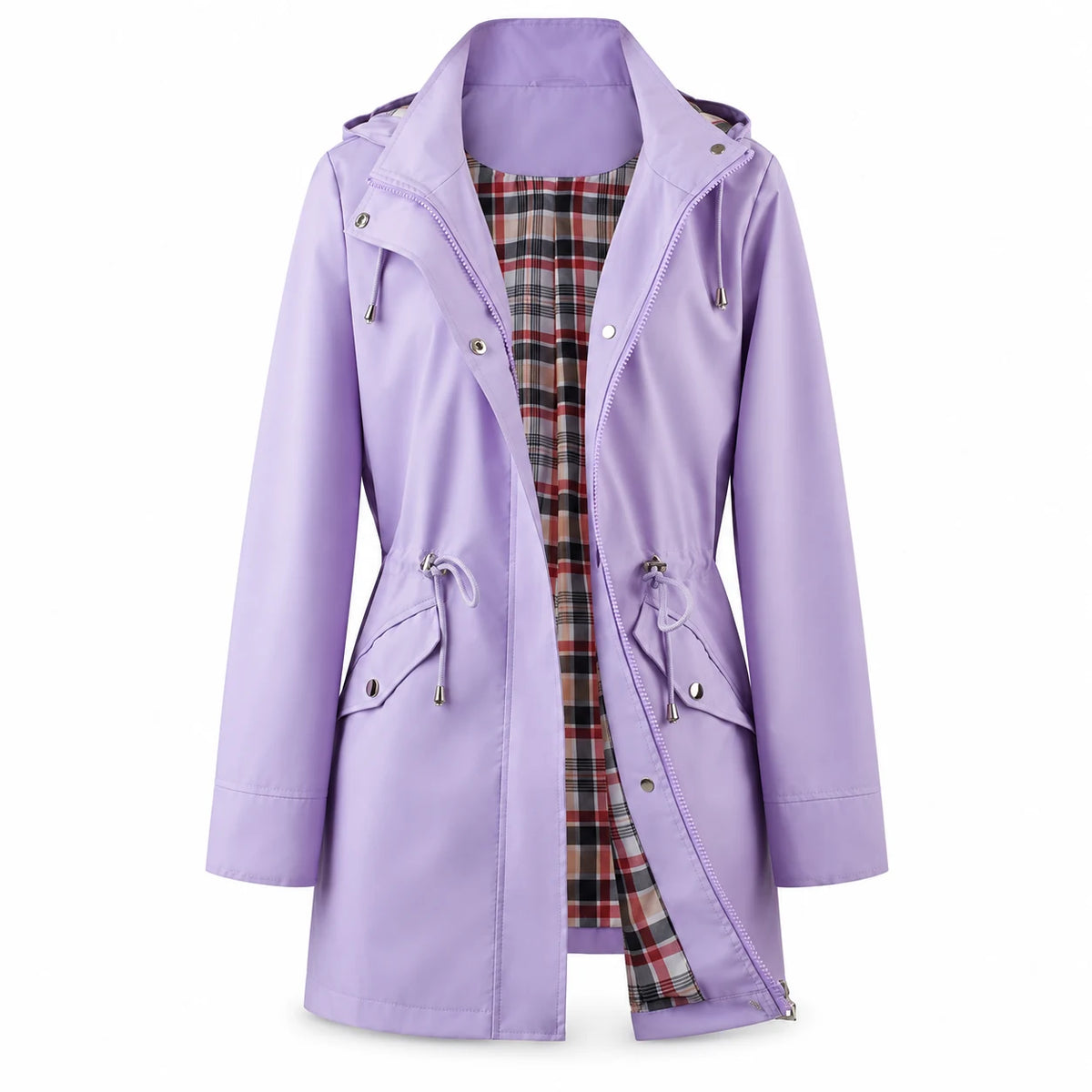 Regenjacke Damen Liv in Lila – Vorderansicht mit Kapuze und Karofutter | FormaLuxe