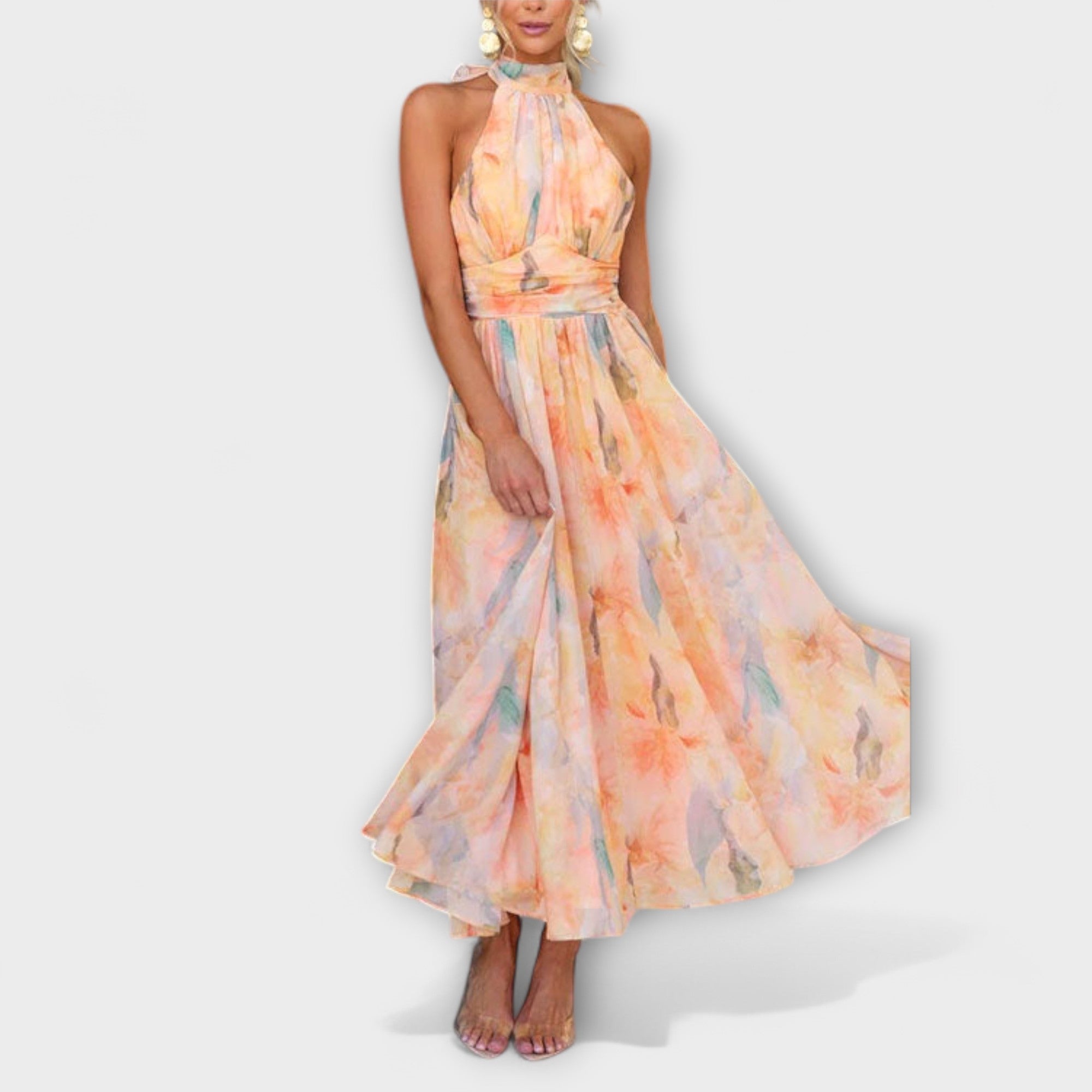 Halter-Neck Aquarell Print Maxi Kleid | FormaLuxe