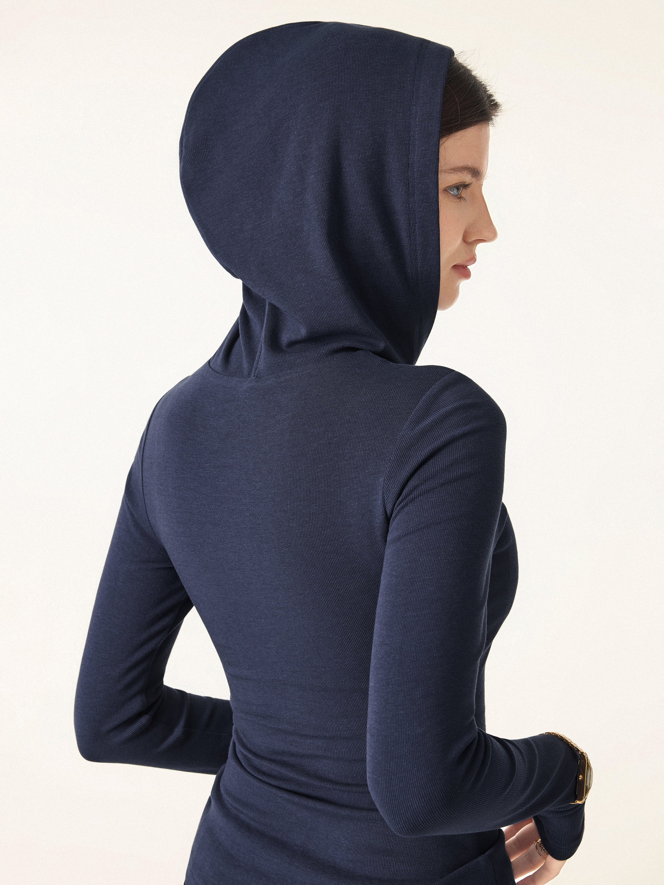 Slim Fitted Quarter Zip Pullover Hoodie Navy – Women > Tops > Bra Tops | FormaLuxe