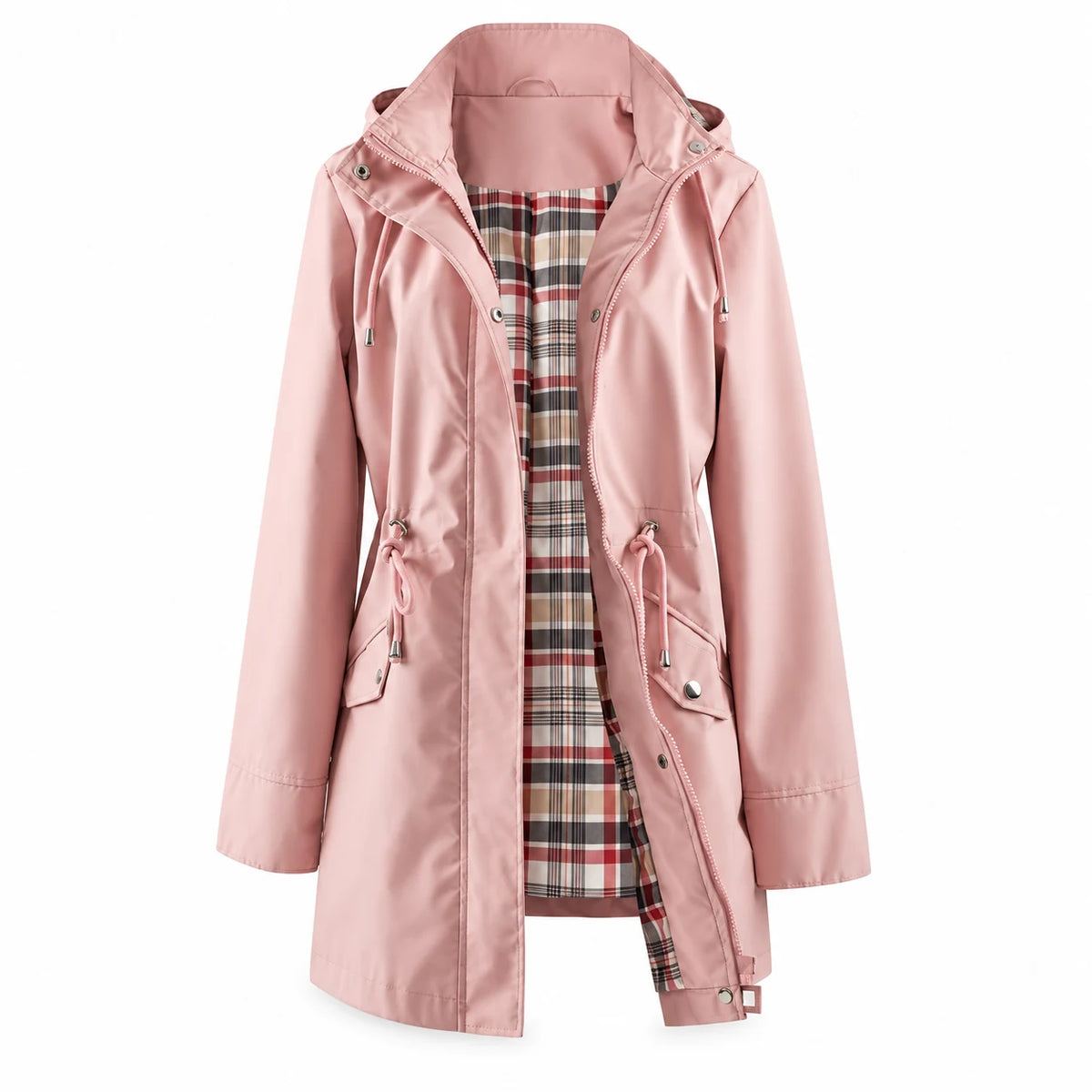 Regenjacke Damen Liv in Rosa – Vorderansicht mit Kapuze und Karofutter | FormaLuxe