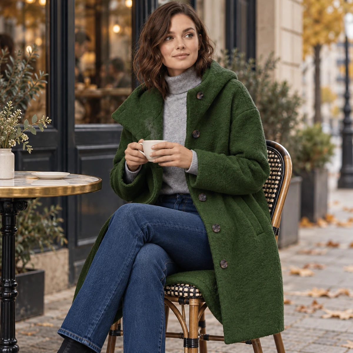 Eleonora in Dunkelgrün – Styling bei einer Kaffeepause | FormaLuxe
