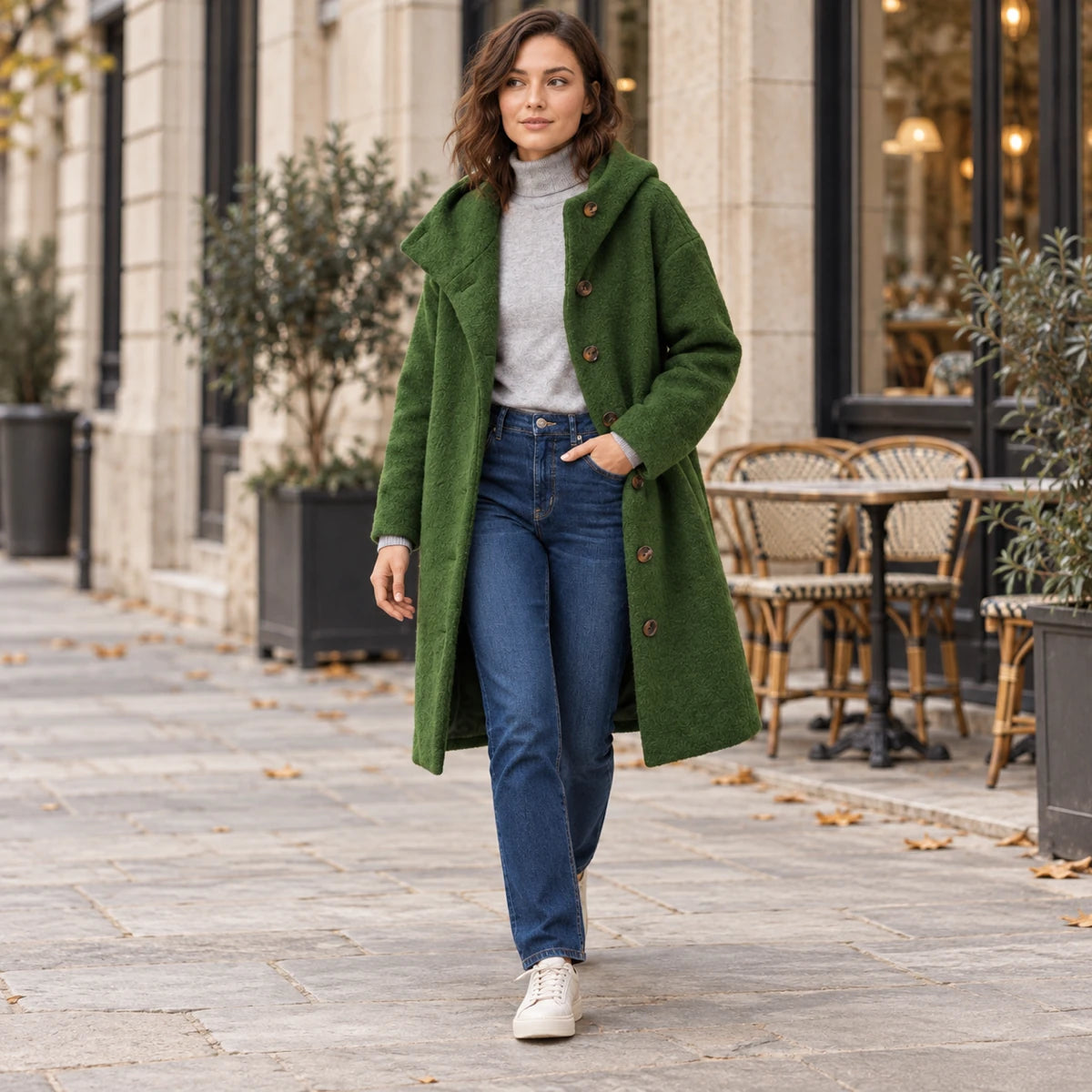 Eleonora in Dunkelgrün – Freizeitlook mit Jeans und Sneakern | FormaLuxe