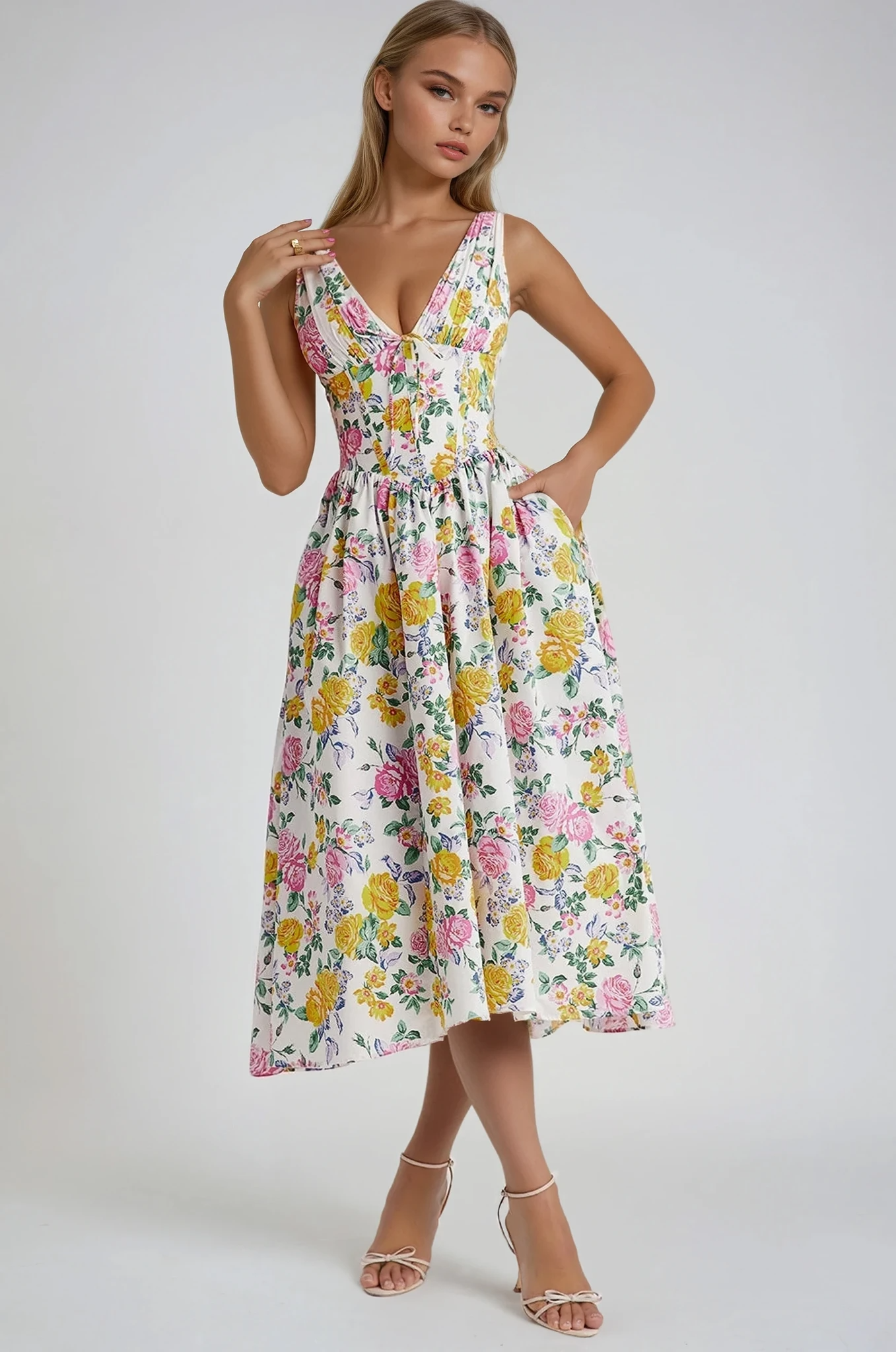 Aurora | Elegantes Sommerkleid Gelb mit Blumenmuster | FormaLuxe
