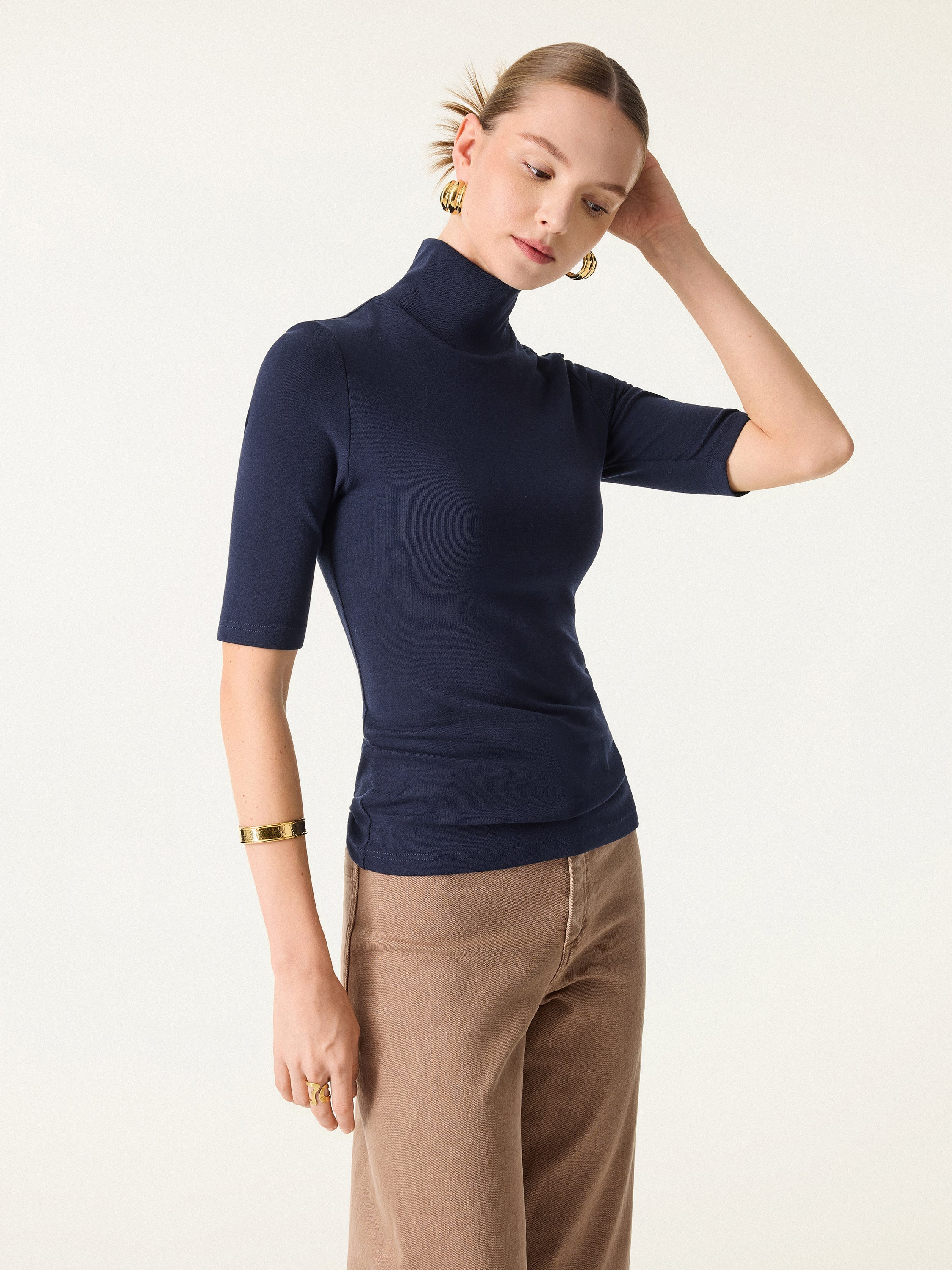 Essential Turtleneck Elbow Length Sleeve Brami Midnight Navy – Women > Tops > Bra Tops | FormaLuxe