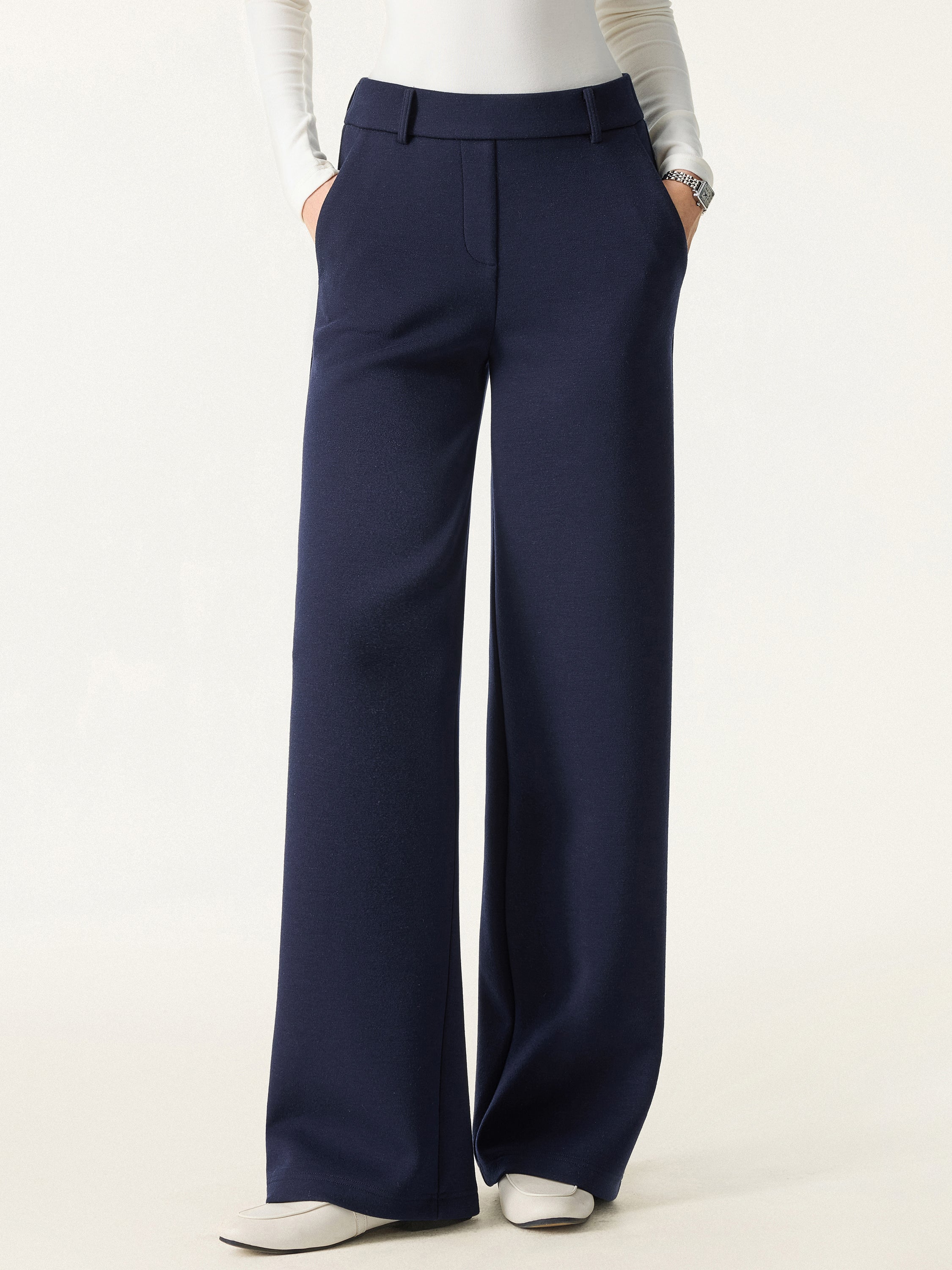 Stretchy Mid Rise Straight Leg Pull-on Pants with Pockets Universe Navy – Women > Bottoms > Pants | FormaLuxe