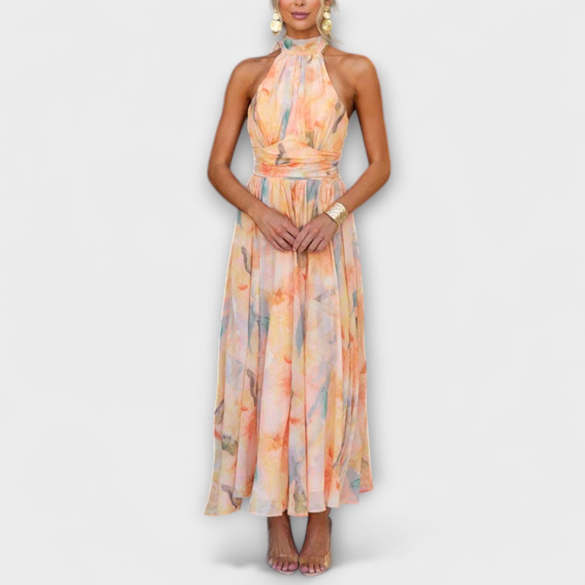 Halter-Neck Aquarell Print Maxi Kleid | FormaLuxe