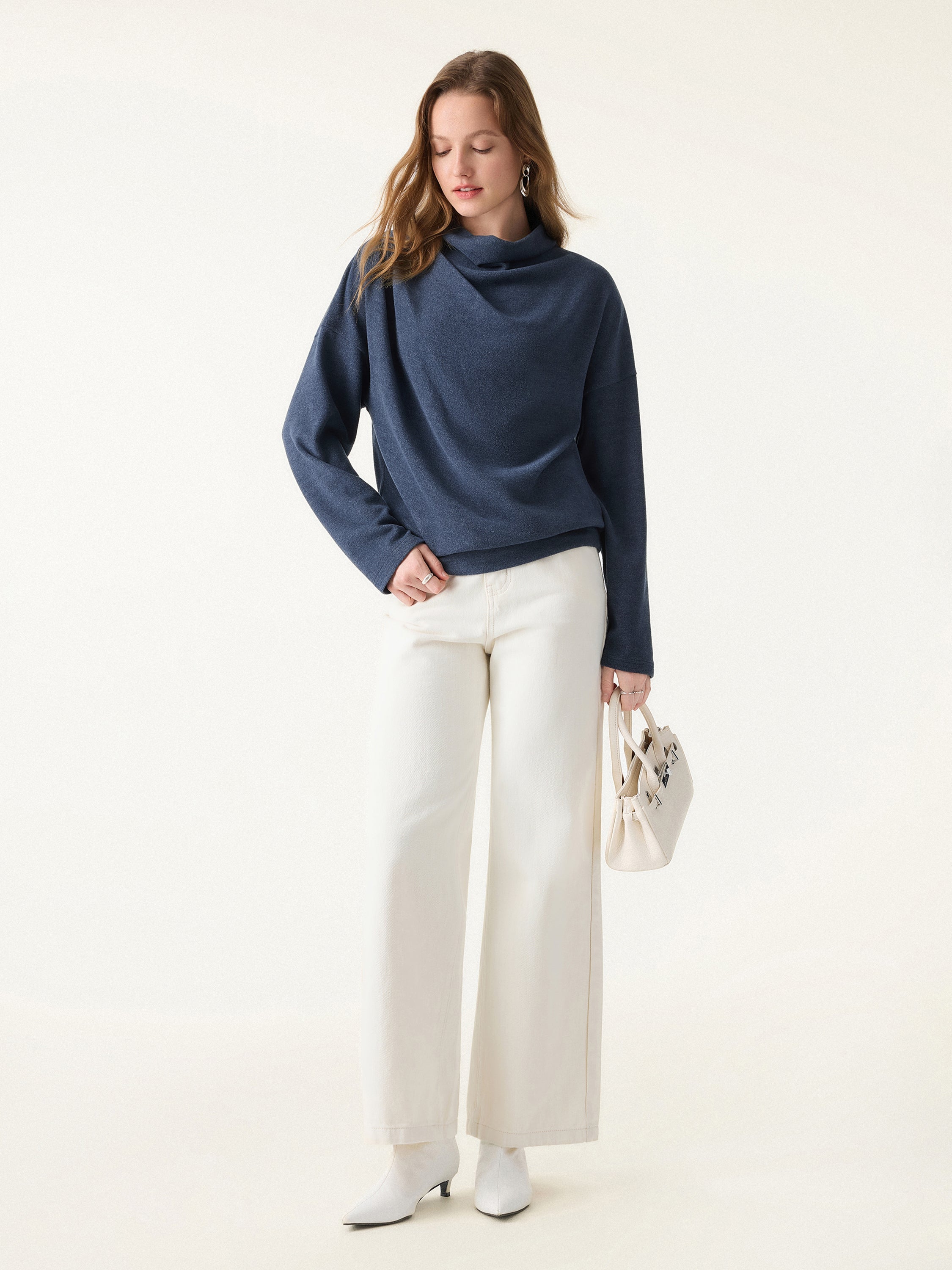 Cozy Relaxed Mockneck Top with Banded Hem Heather Indigo – Women > Tops > Shirts&Tops | FormaLuxe