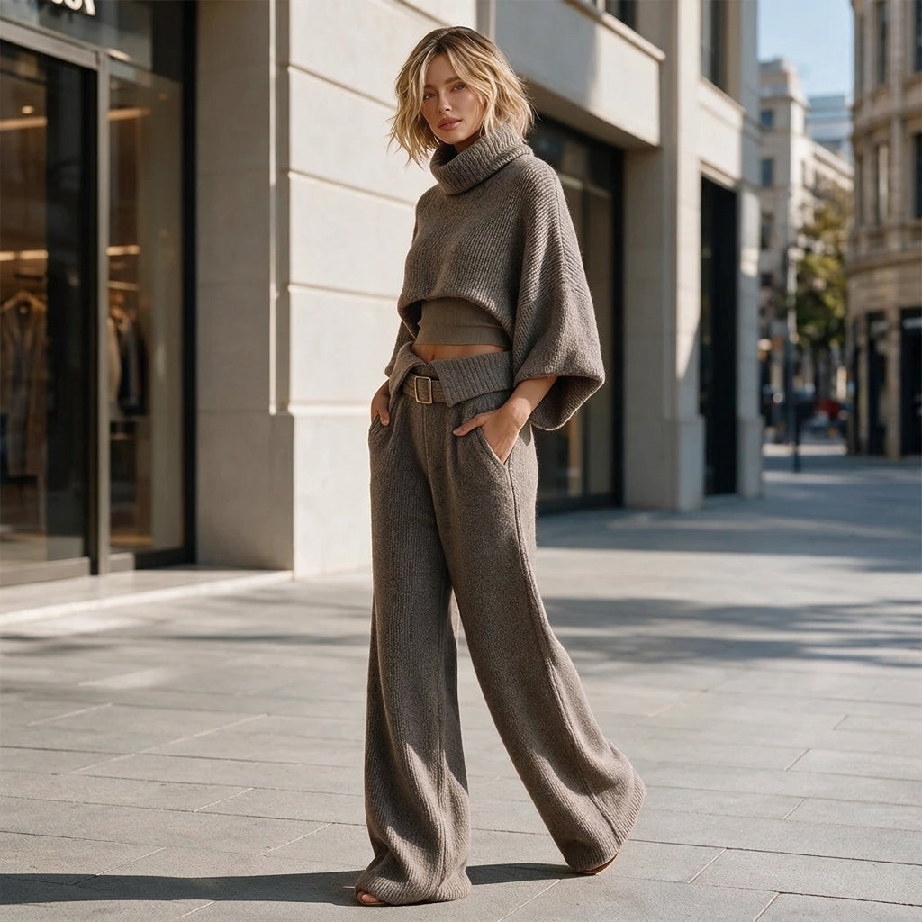 Aveline | Zweiteiliges Strick-Set mit Stehkragen & weiter Hose