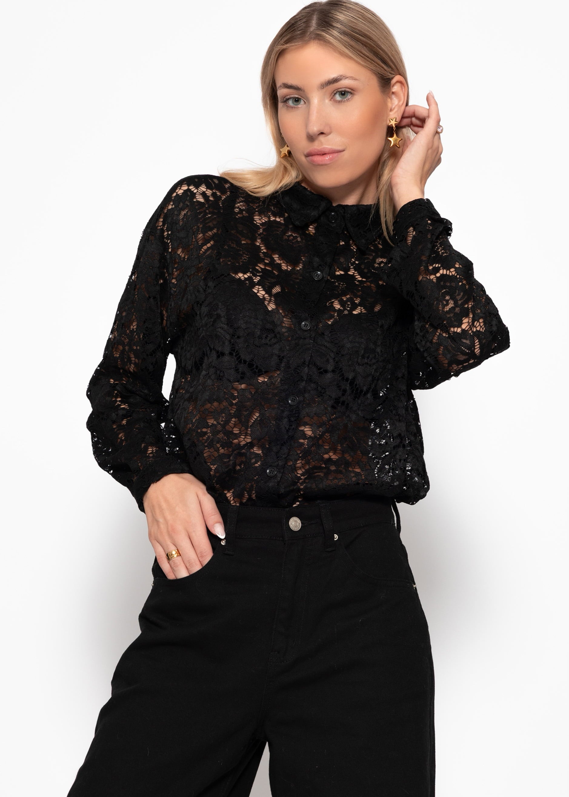 Bluse aus transparenter Spitze - schwarz – Bekleidung > Blusen | FormaLuxe