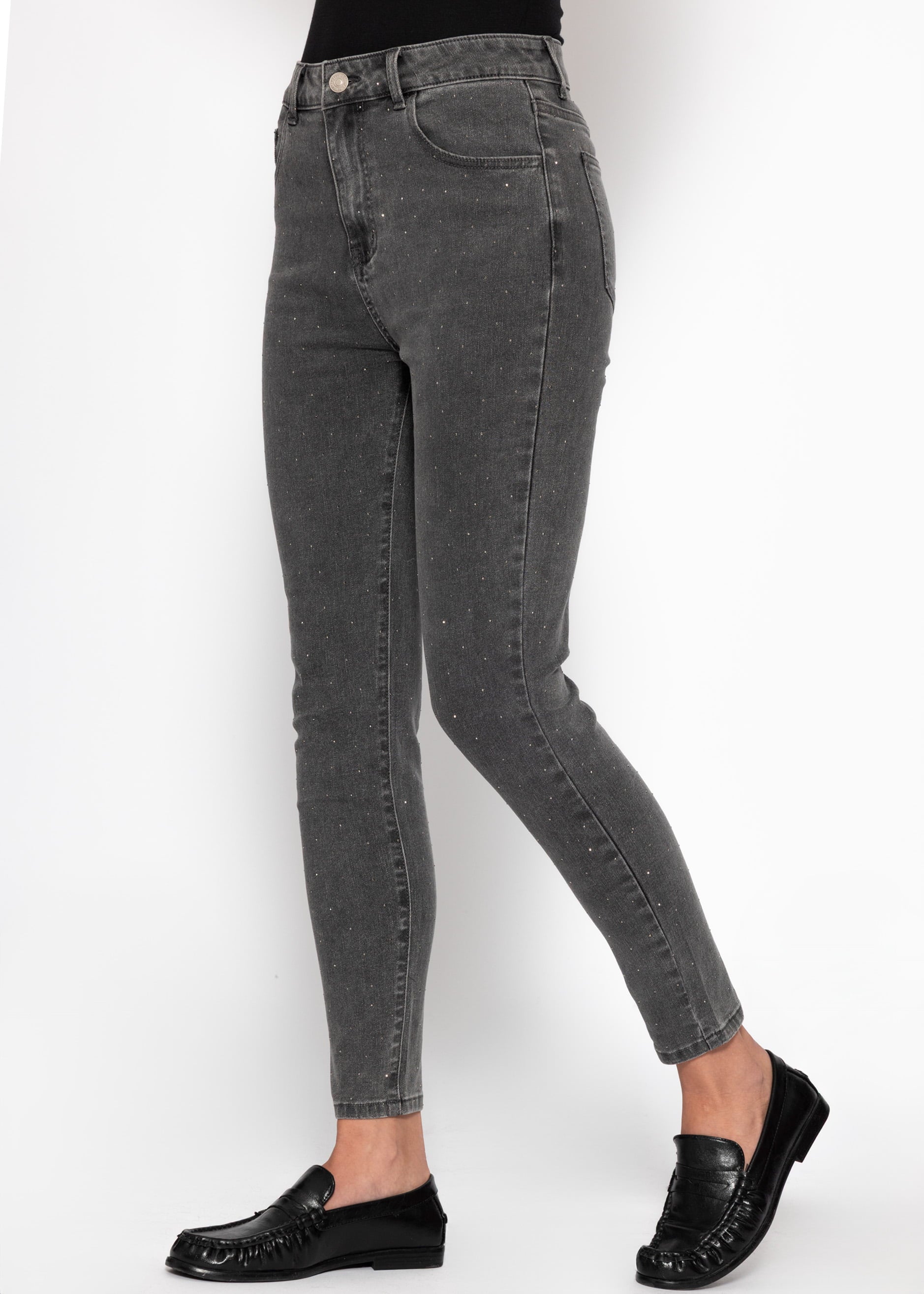 Highwaist Skinny Jeans mit Strasssteinen - dunkelgrau – Bekleidung > Jeans | FormaLuxe