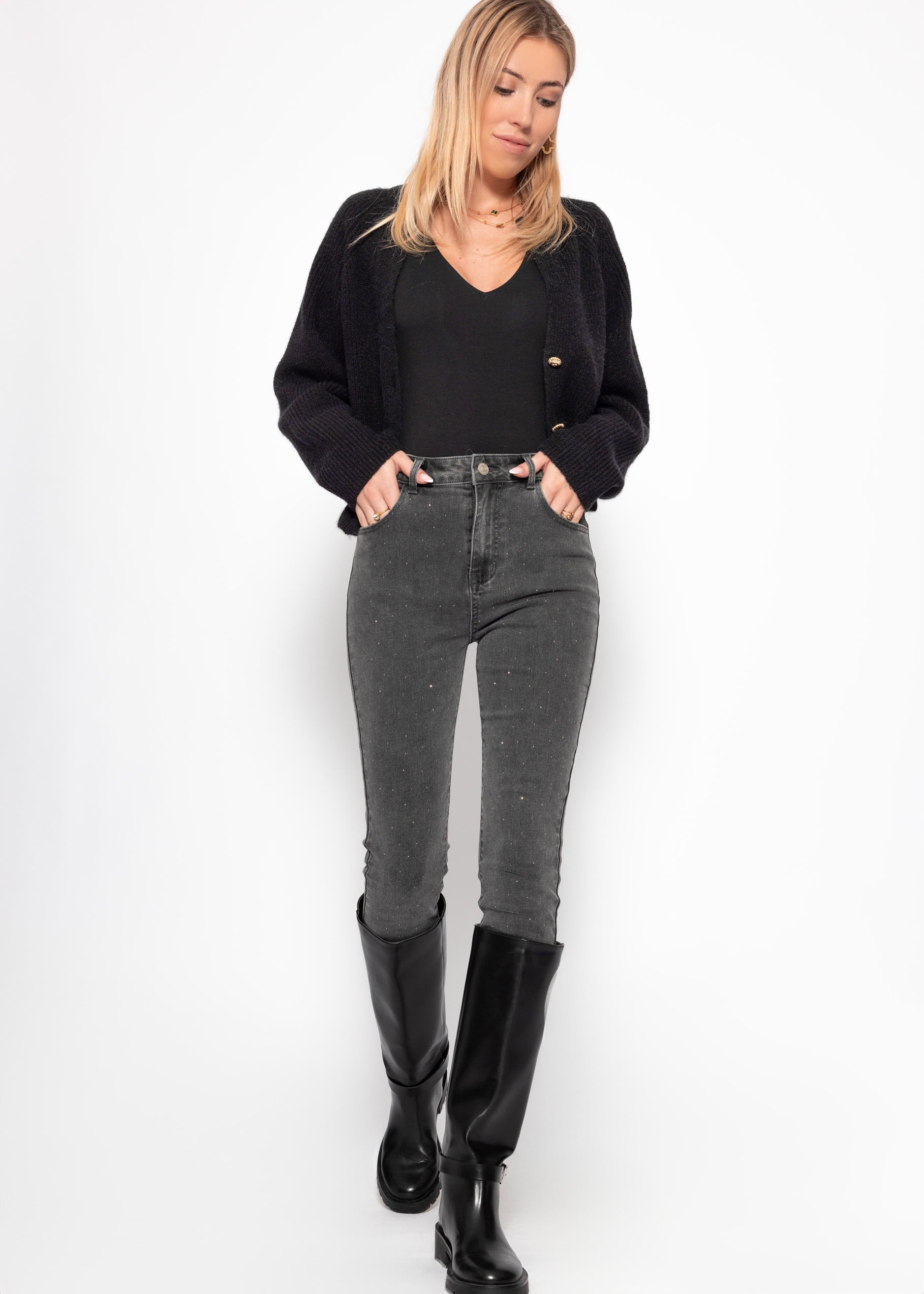 Highwaist Skinny Jeans mit Strasssteinen - dunkelgrau – Bekleidung > Jeans | FormaLuxe