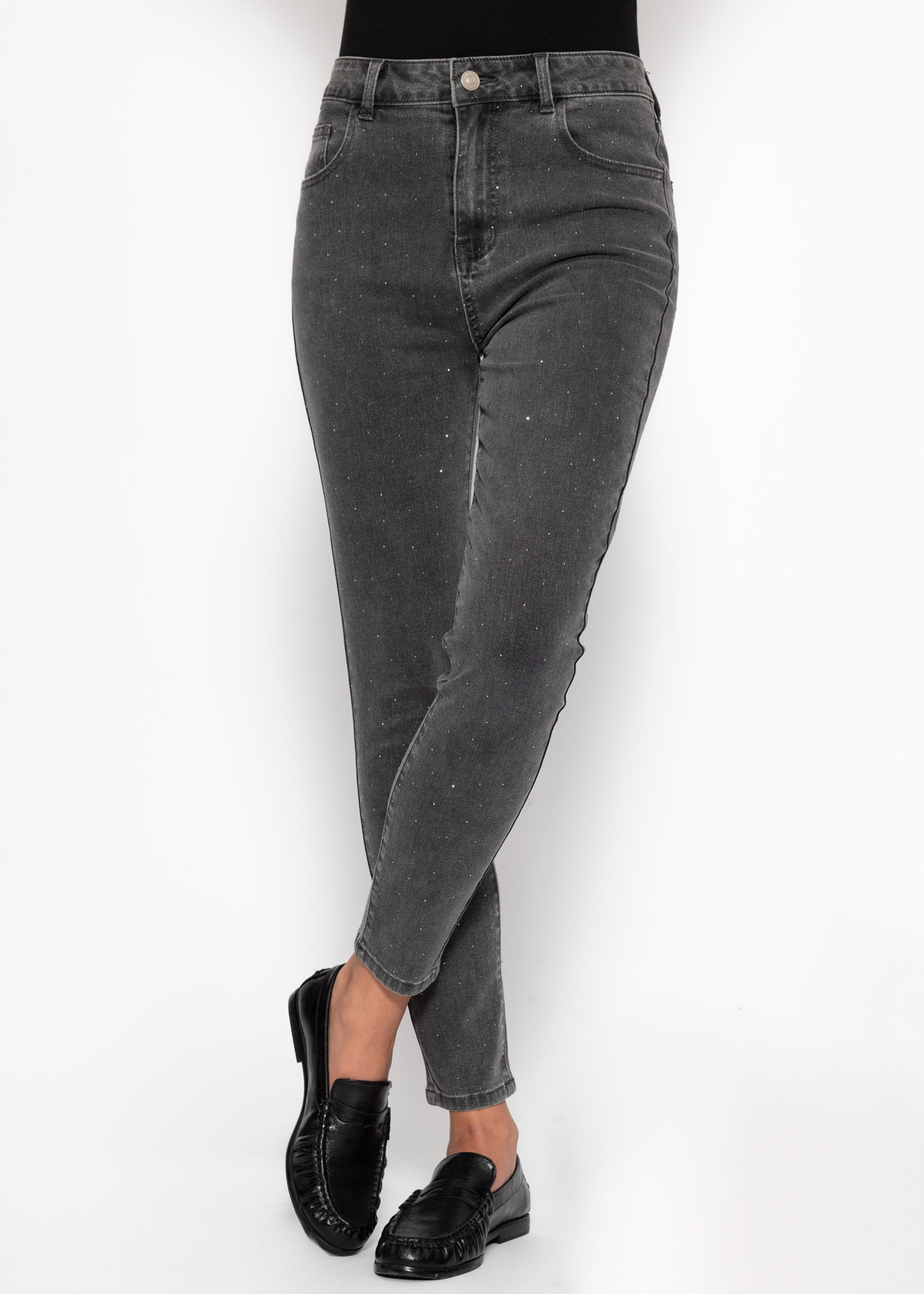 Highwaist Skinny Jeans mit Strasssteinen - dunkelgrau – Bekleidung > Jeans | FormaLuxe