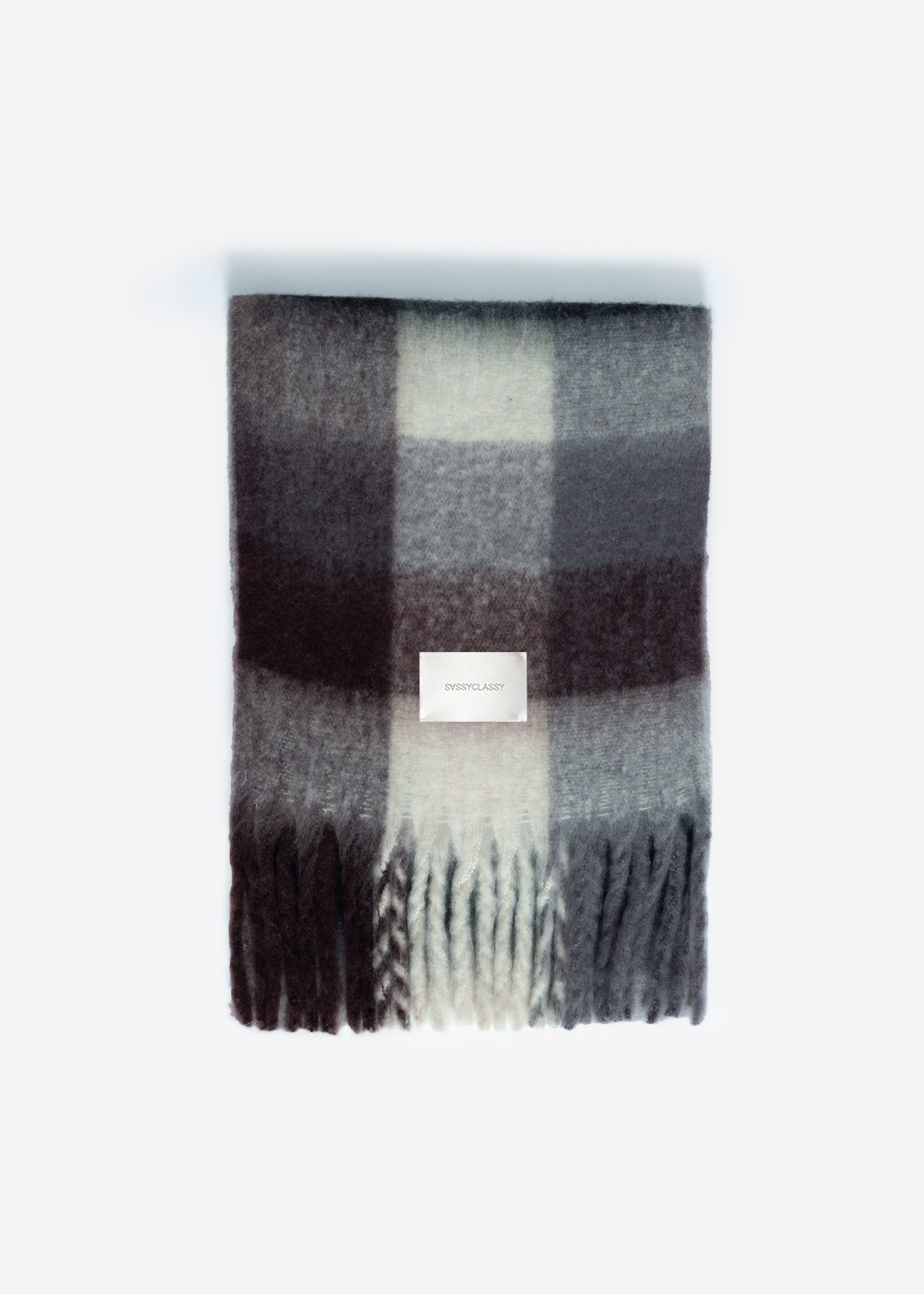 Plaid fluffy scarf with fringes - brown