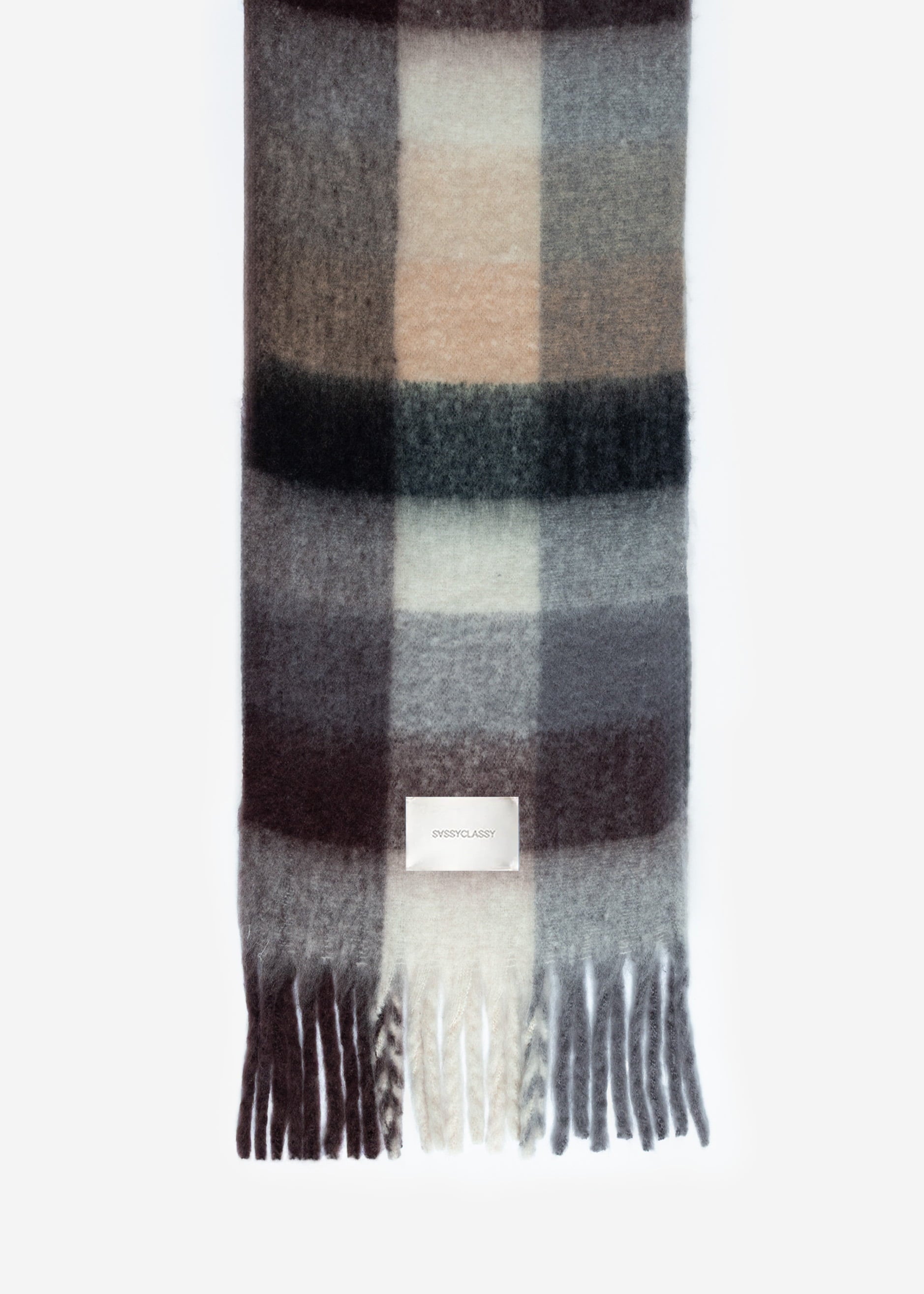 Plaid fluffy scarf with fringes - brown