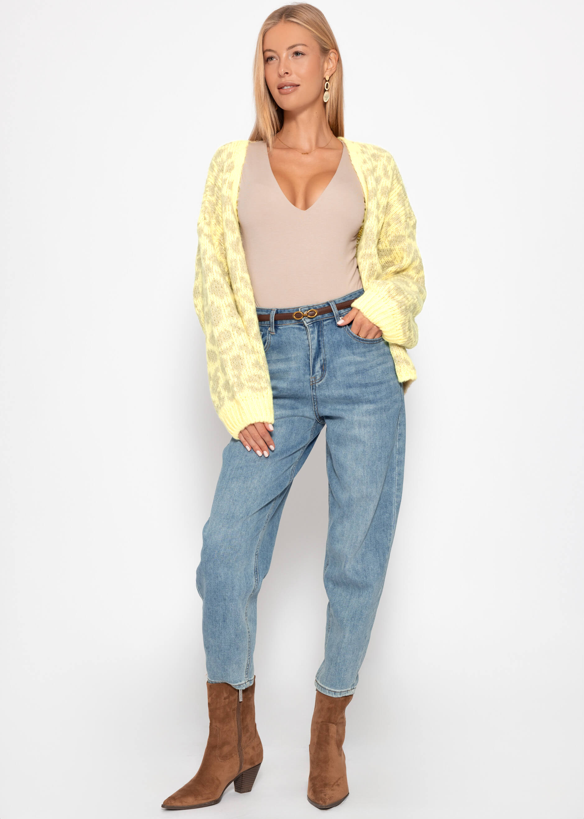 Kurzer Cardigan mit Leo-Print - gelb-beige – Bekleidung > Cardigans | FormaLuxe