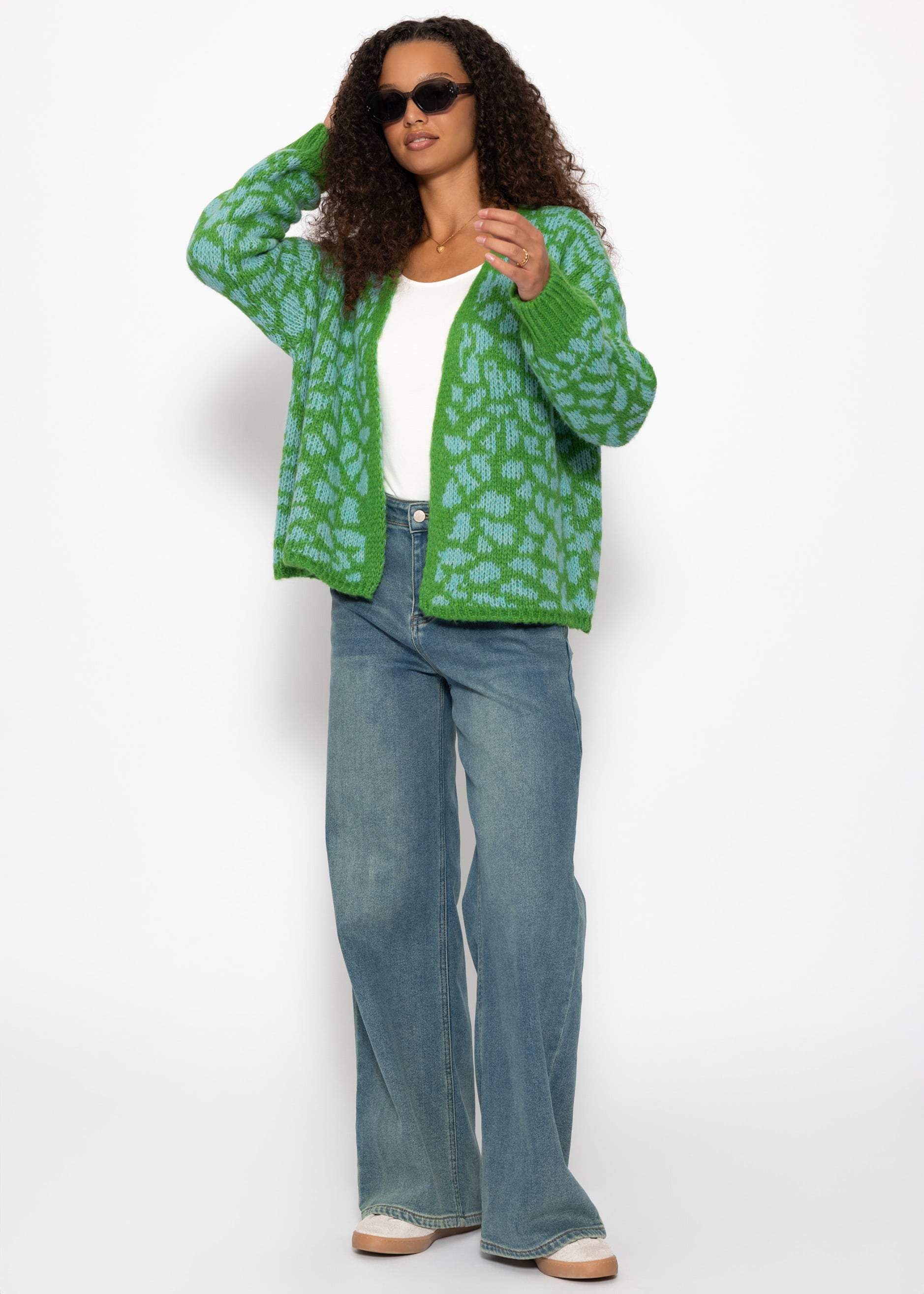 Kurzer Cardigan mit Leo-Print - grün-blau – Bekleidung > Cardigans | FormaLuxe