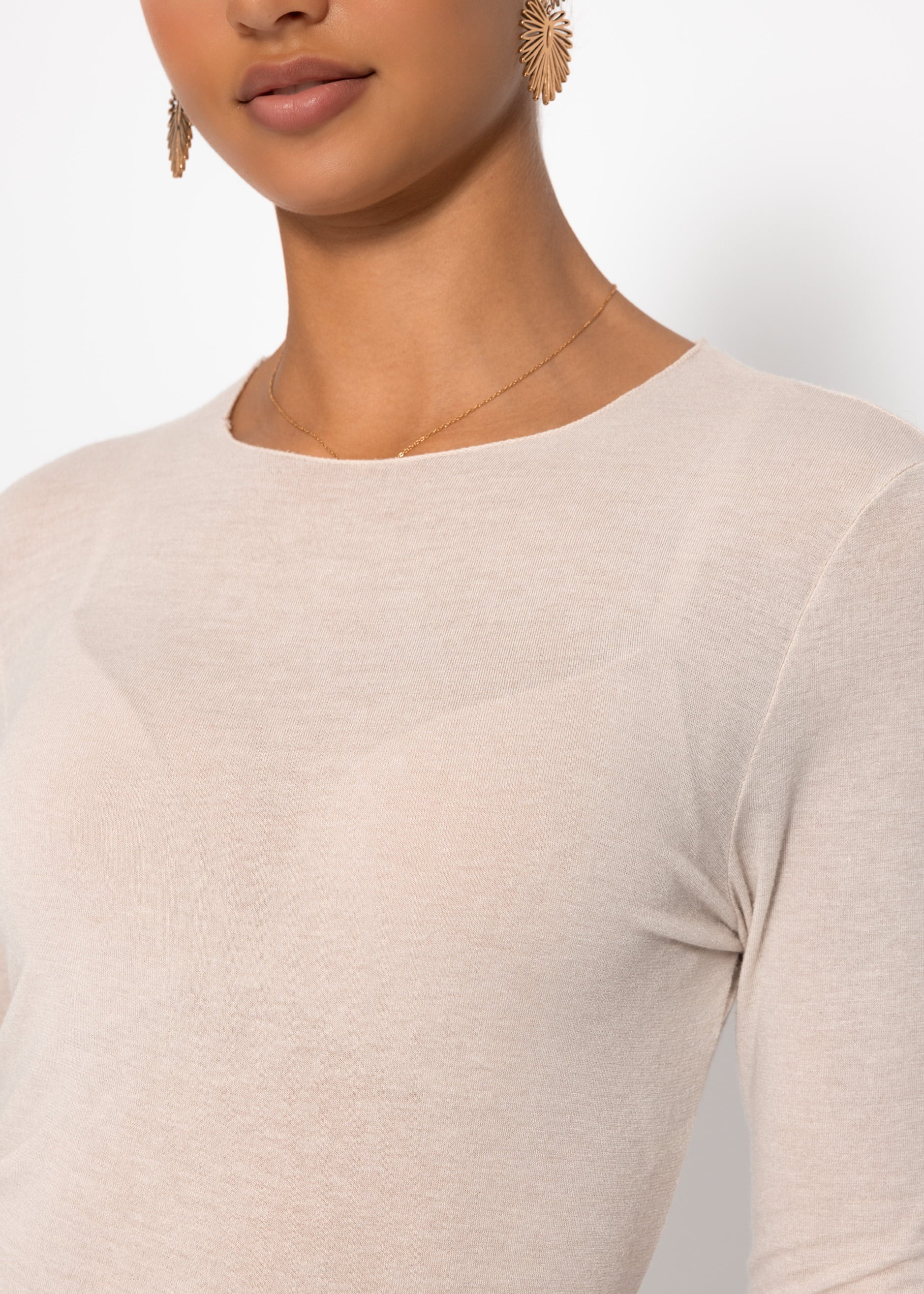 Leicht transparentes Langarmshirt mit Kaschmiranteil - beige – Bekleidung > Langarmshirts | FormaLuxe