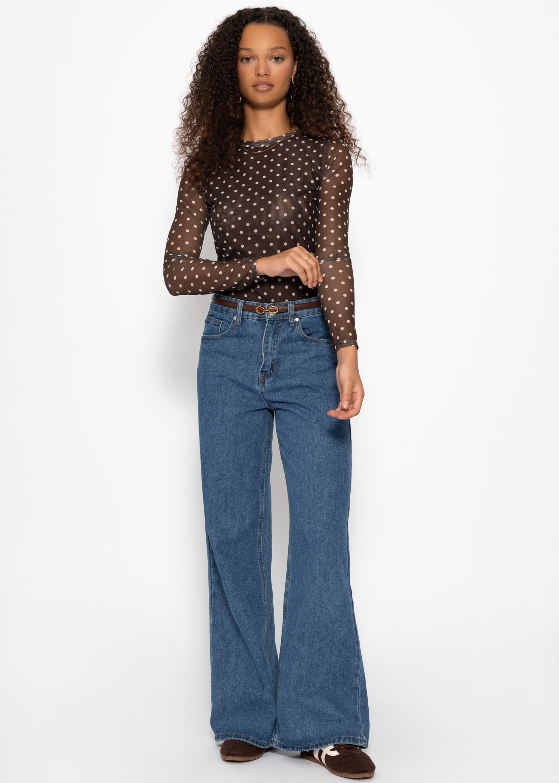 Mesh Langarmshirt mit Punkten - braun – Bekleidung > Langarmshirts | FormaLuxe