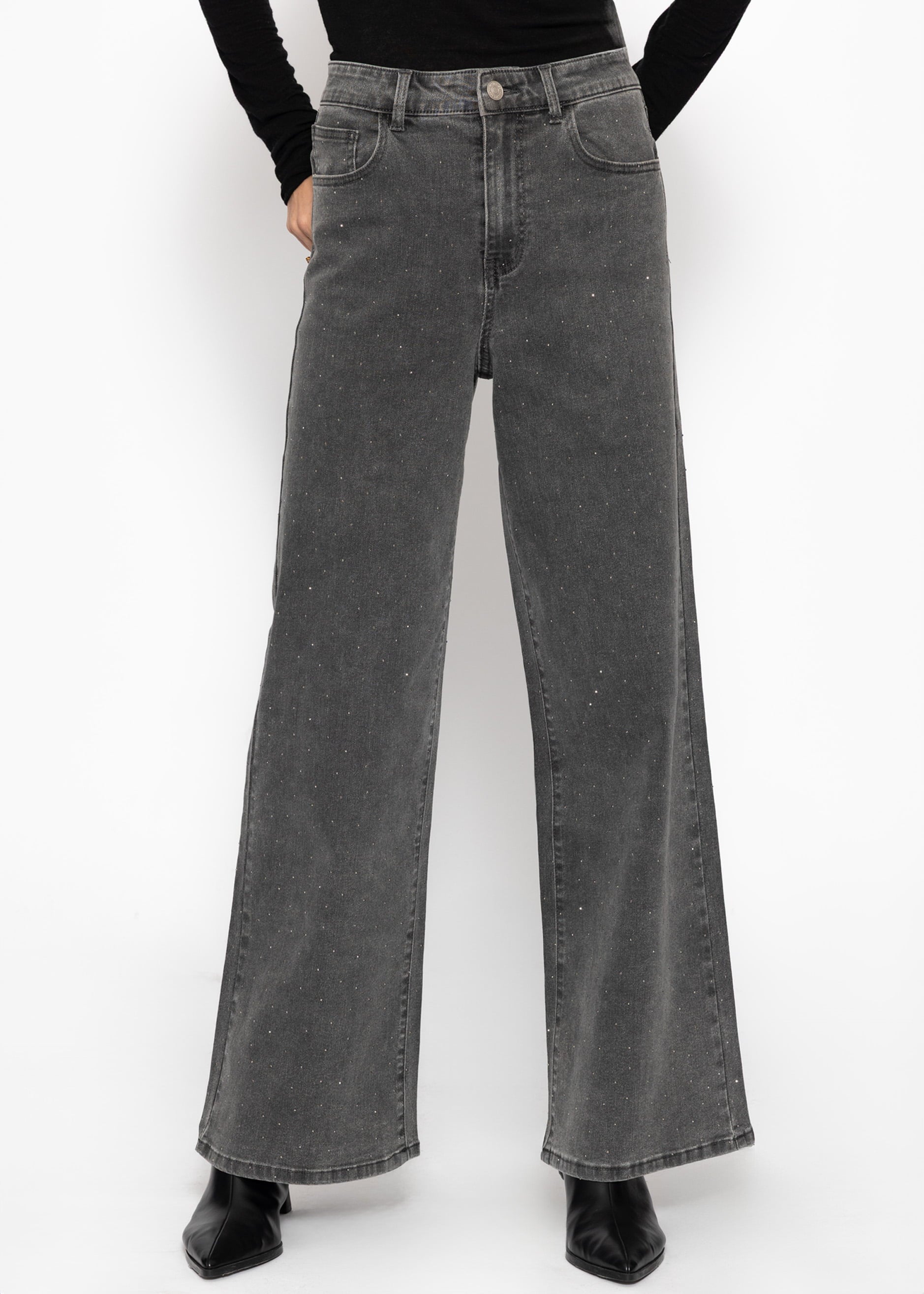 Wide Leg Jeans mit Strasssteinen - dunkelgrau – Bekleidung > Jeans | FormaLuxe