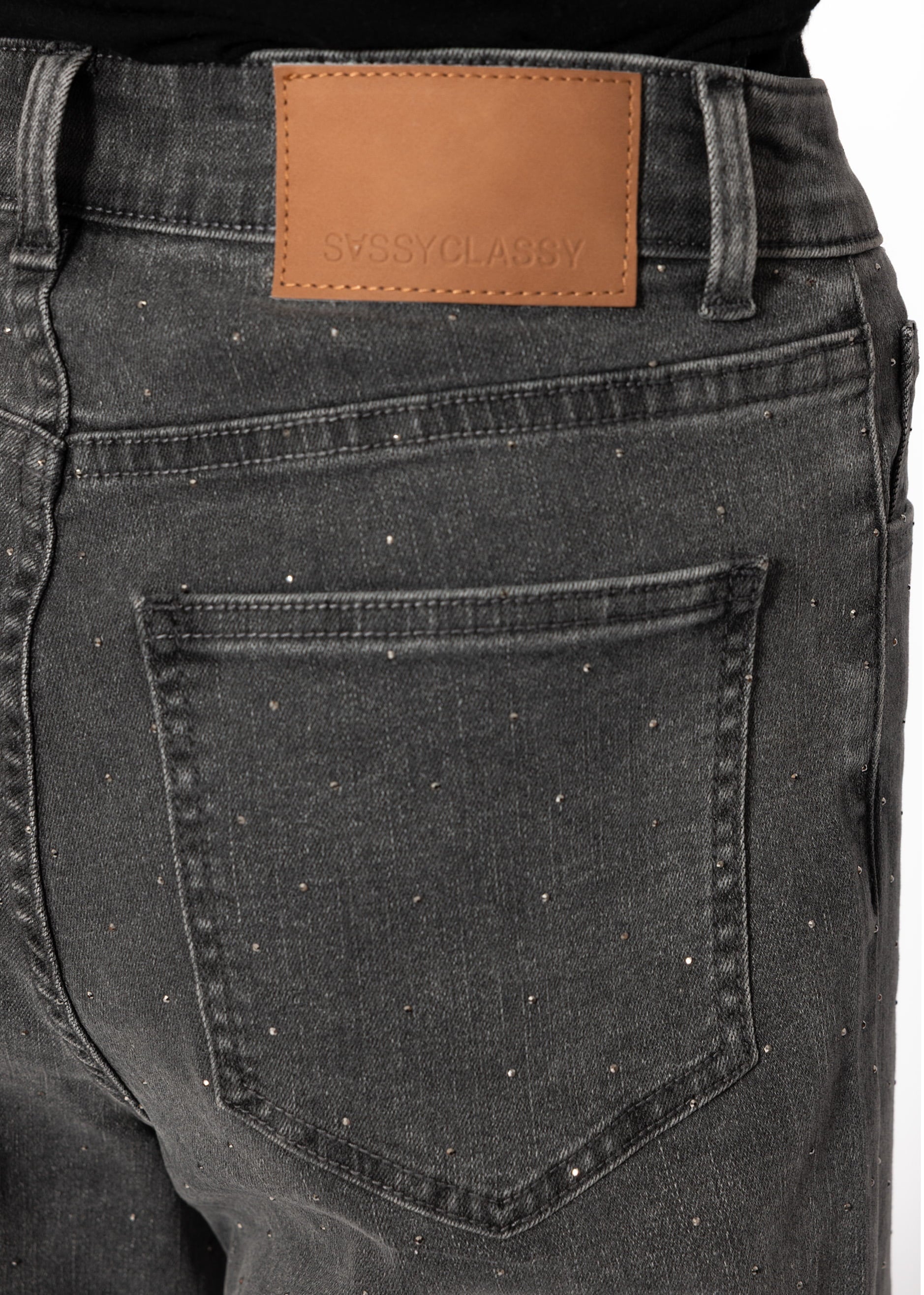 Wide Leg Jeans mit Strasssteinen - dunkelgrau – Bekleidung > Jeans | FormaLuxe
