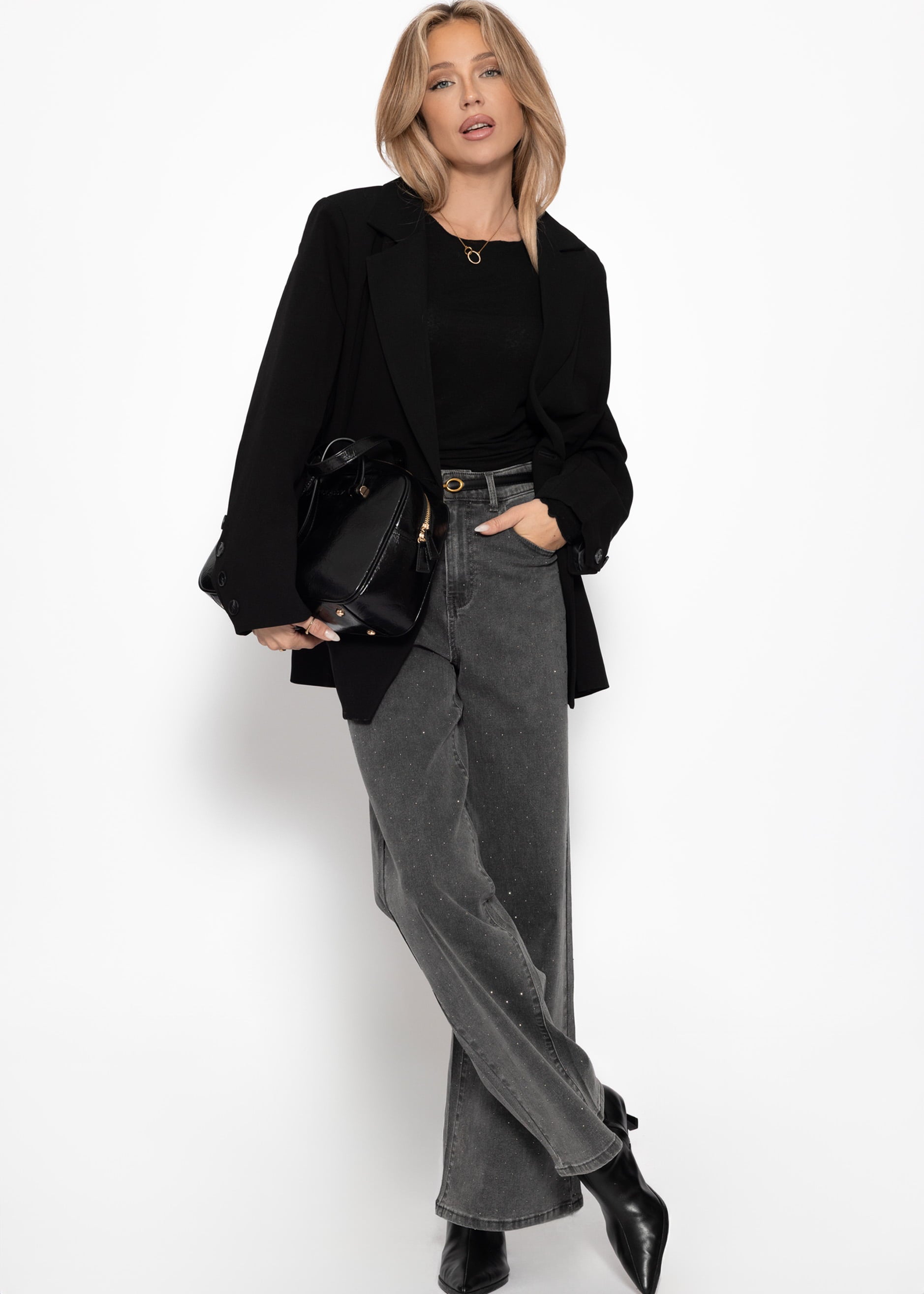 Wide Leg Jeans mit Strasssteinen - dunkelgrau – Bekleidung > Jeans | FormaLuxe