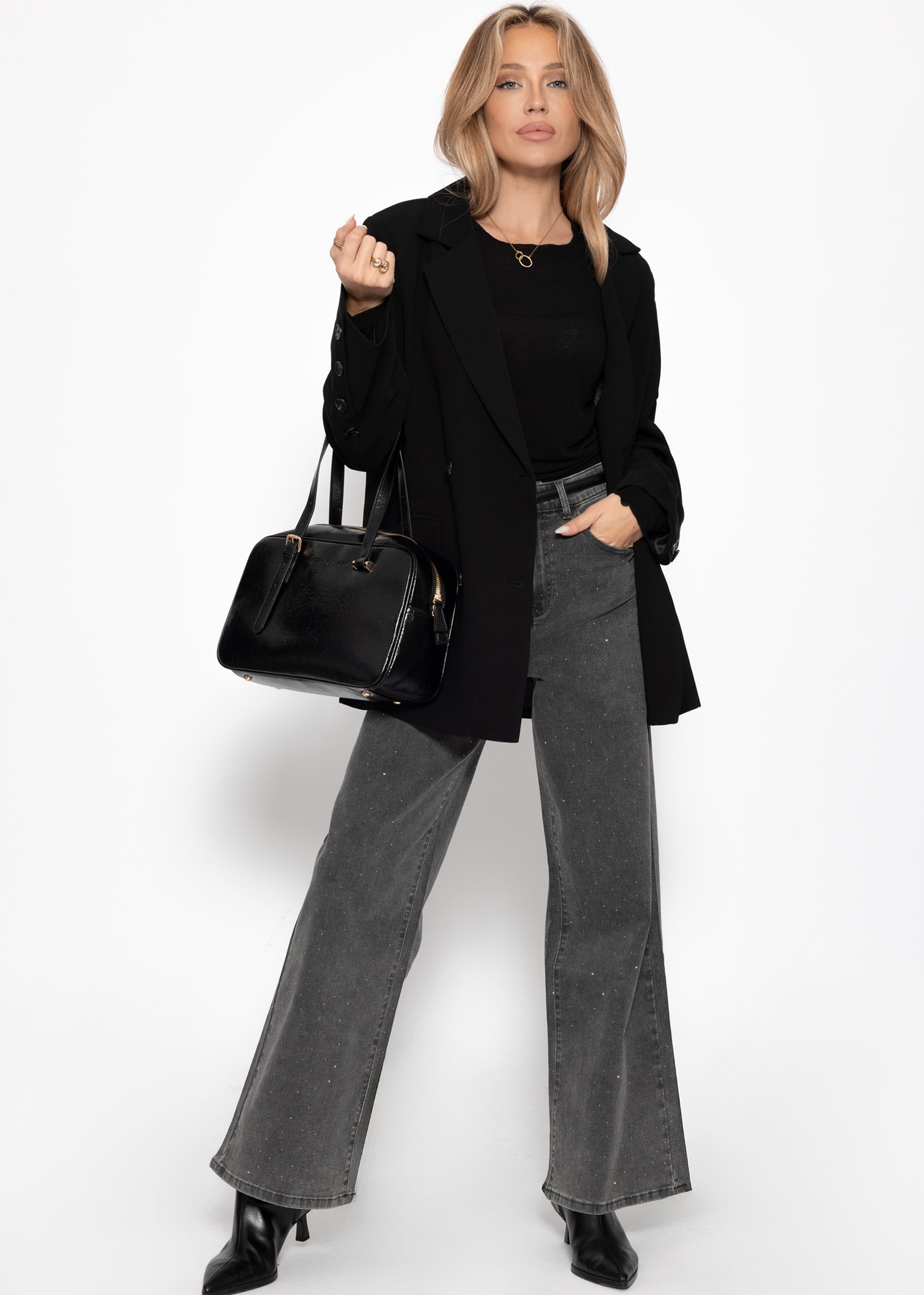 Wide Leg Jeans mit Strasssteinen - dunkelgrau – Bekleidung > Jeans | FormaLuxe