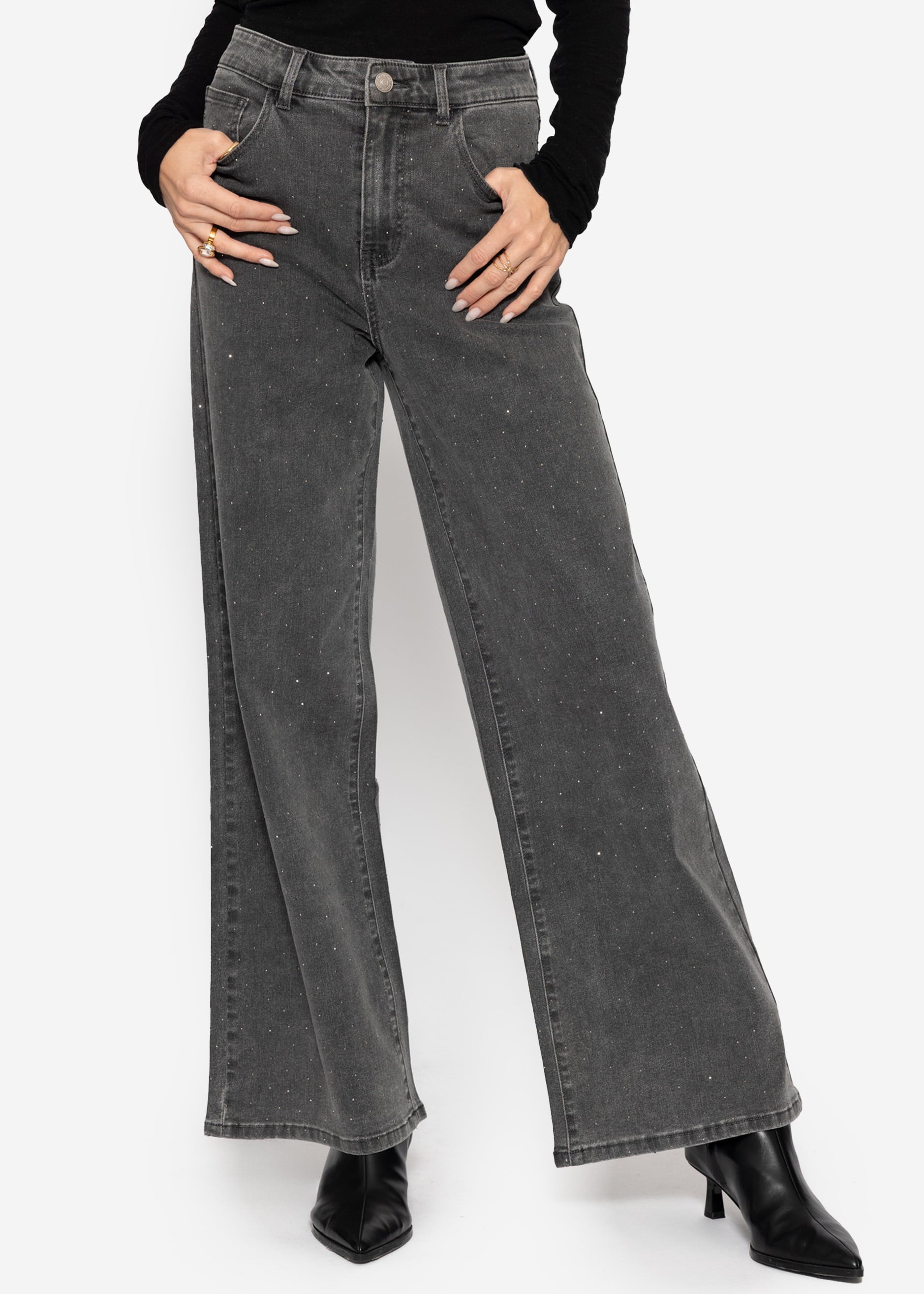 Wide Leg Jeans mit Strasssteinen - dunkelgrau – Bekleidung > Jeans | FormaLuxe