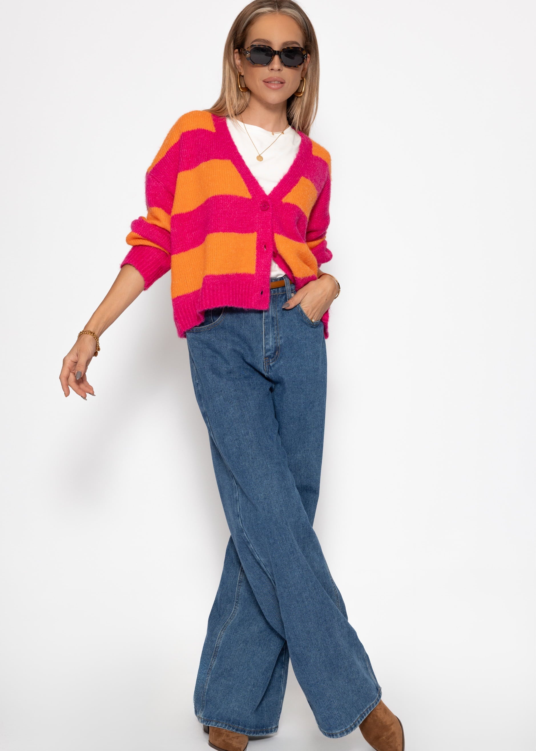 Cardigan mit Blockstreifen und V-Ausschnitt - pink – Bekleidung > Cardigans | FormaLuxe