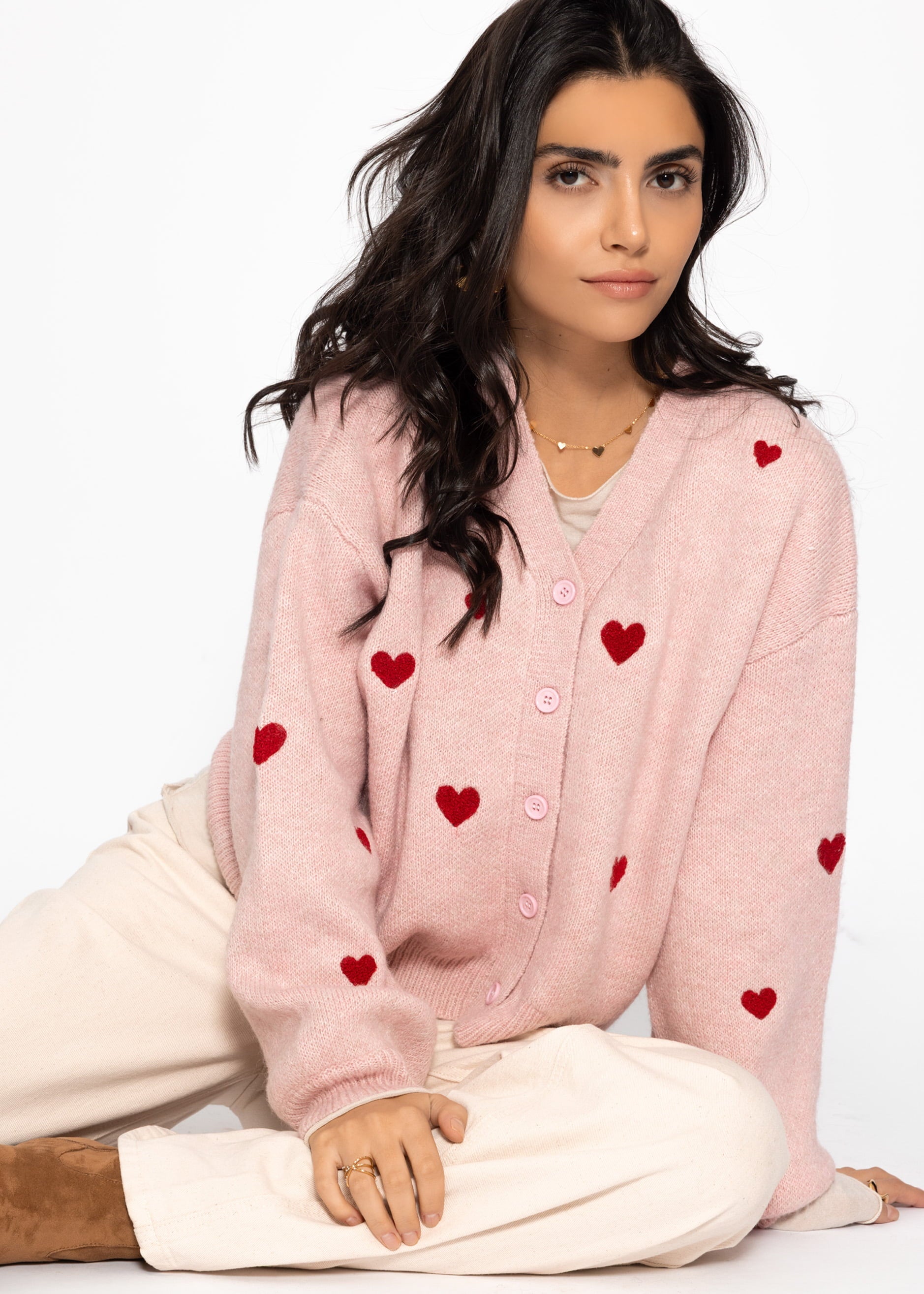 Cardigan mit roten Herzen - rosa – Bekleidung > Cardigans | FormaLuxe