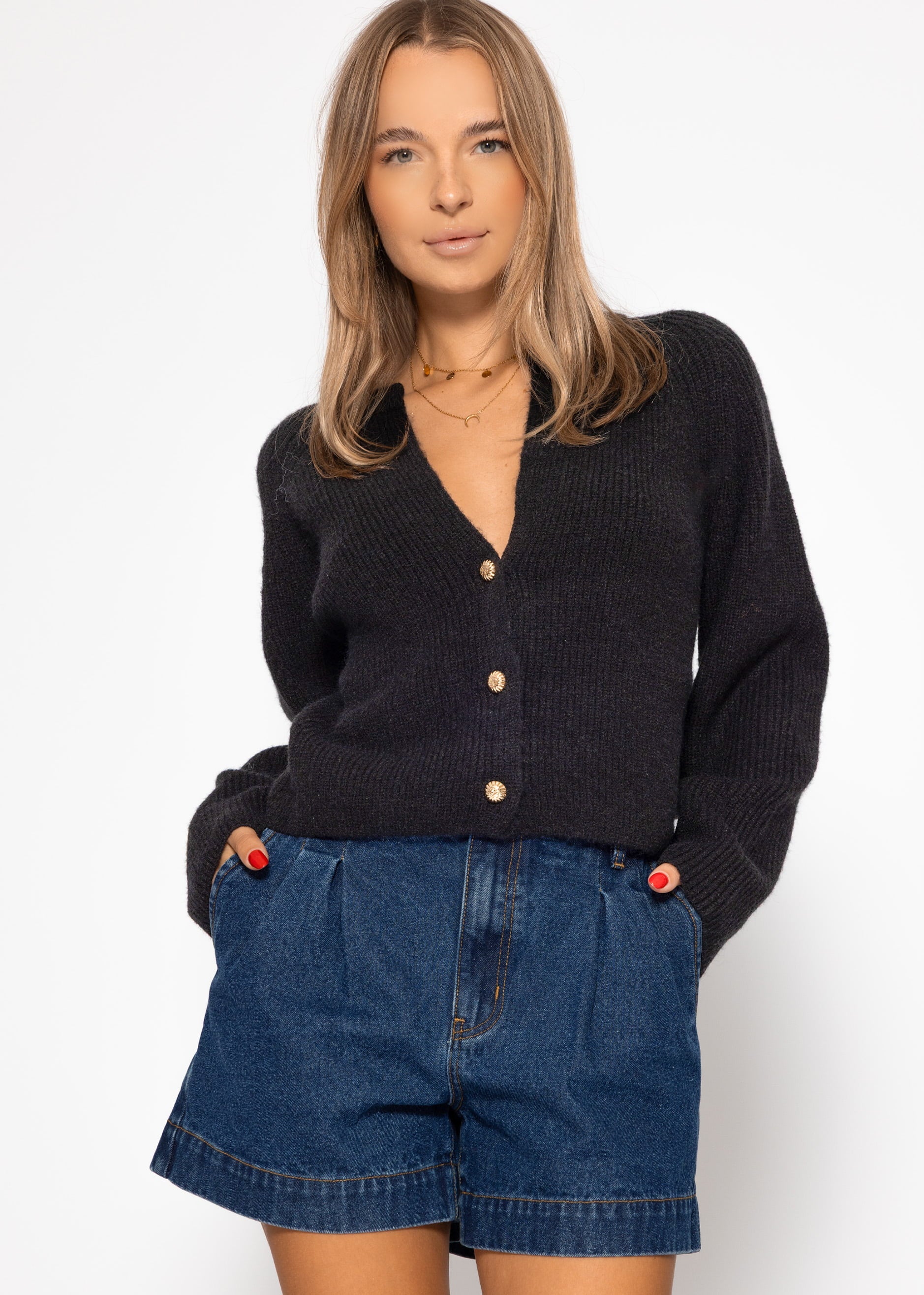 Cardigan mit V-Ausschnitt - schwarz – Bekleidung > Cardigans | FormaLuxe