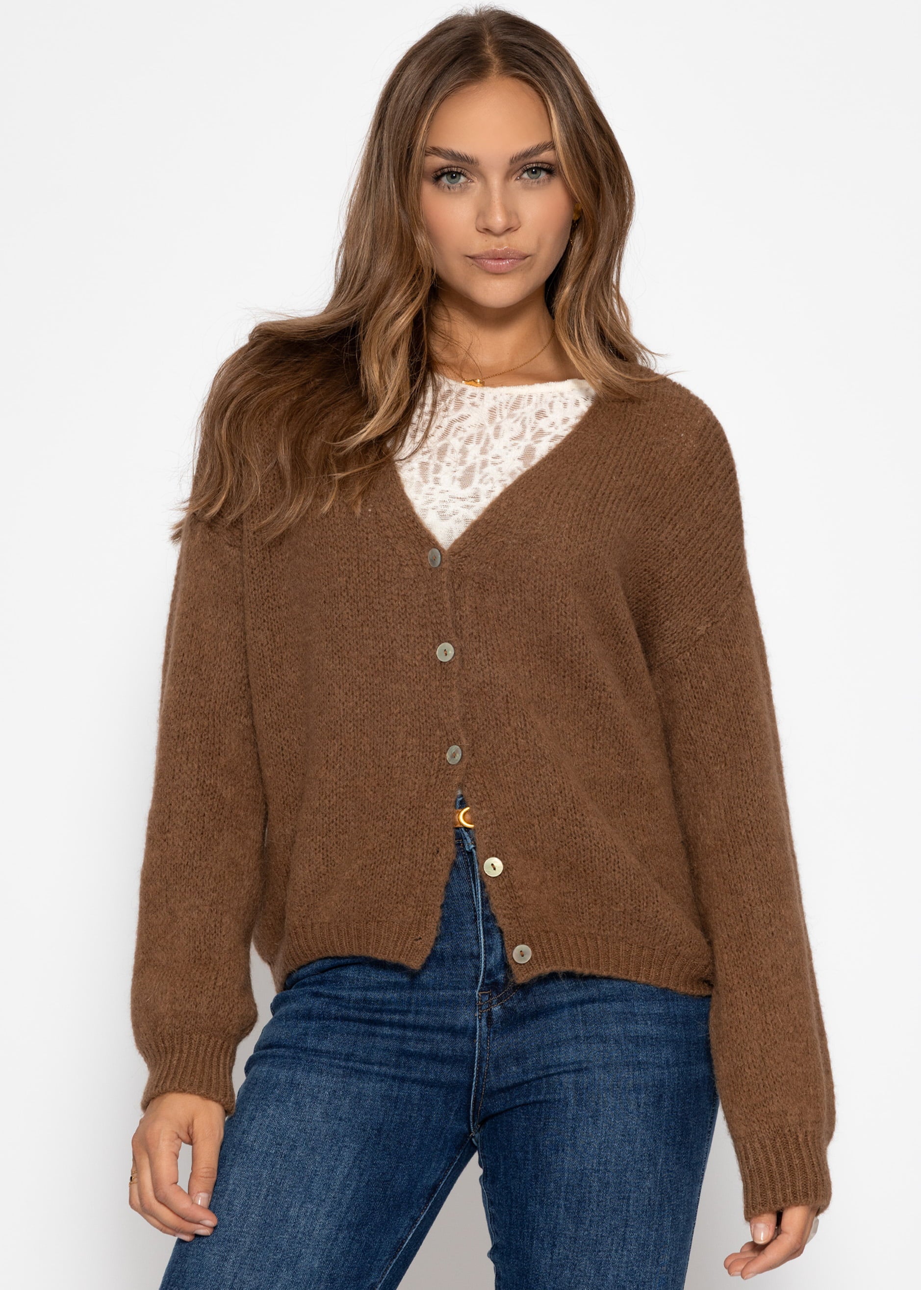 Cardigan mit V-Ausschnitt und Knopfleiste - braun – Bekleidung > Cardigans | FormaLuxe