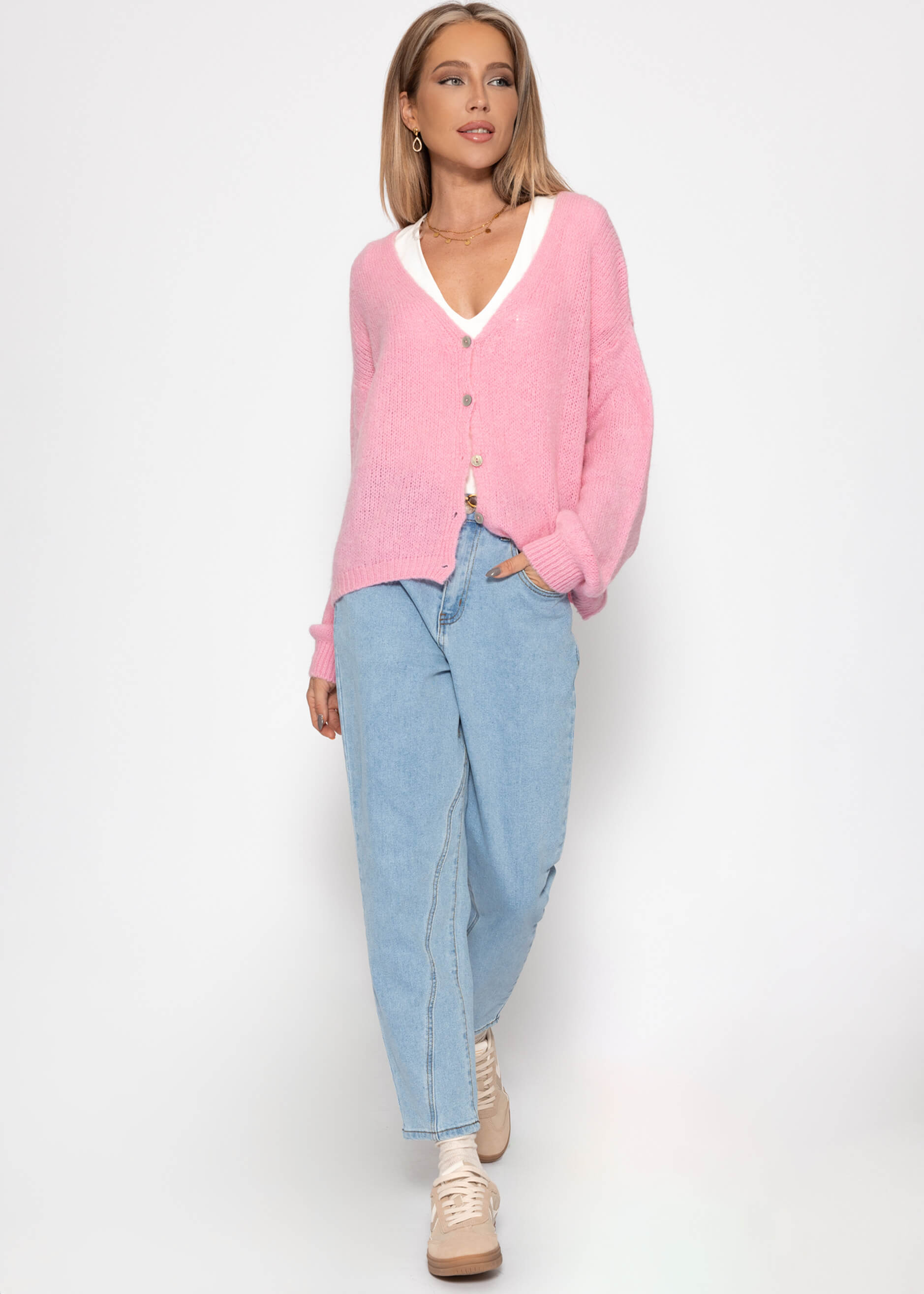 Cardigan mit V-Ausschnitt und Knopfleiste - rosa – Bekleidung > Cardigans | FormaLuxe