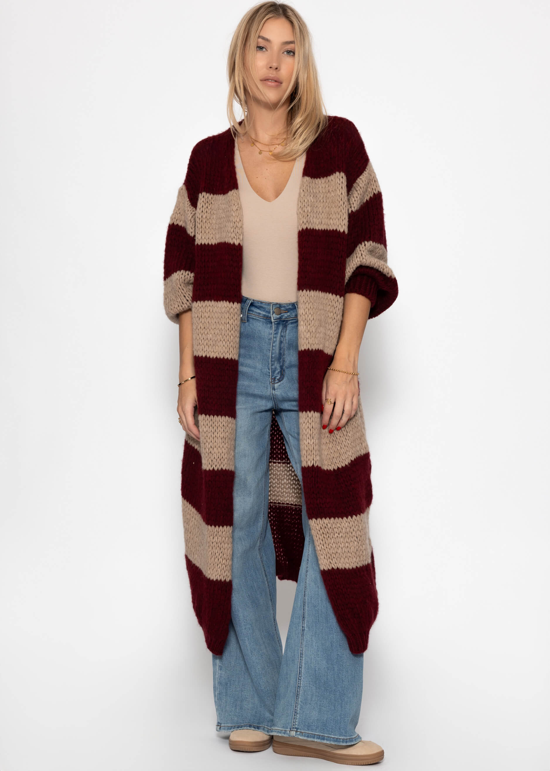Extra langer Cardigan mit Blockstreifen - burgundy-taupe – Bekleidung > Cardigans | FormaLuxe